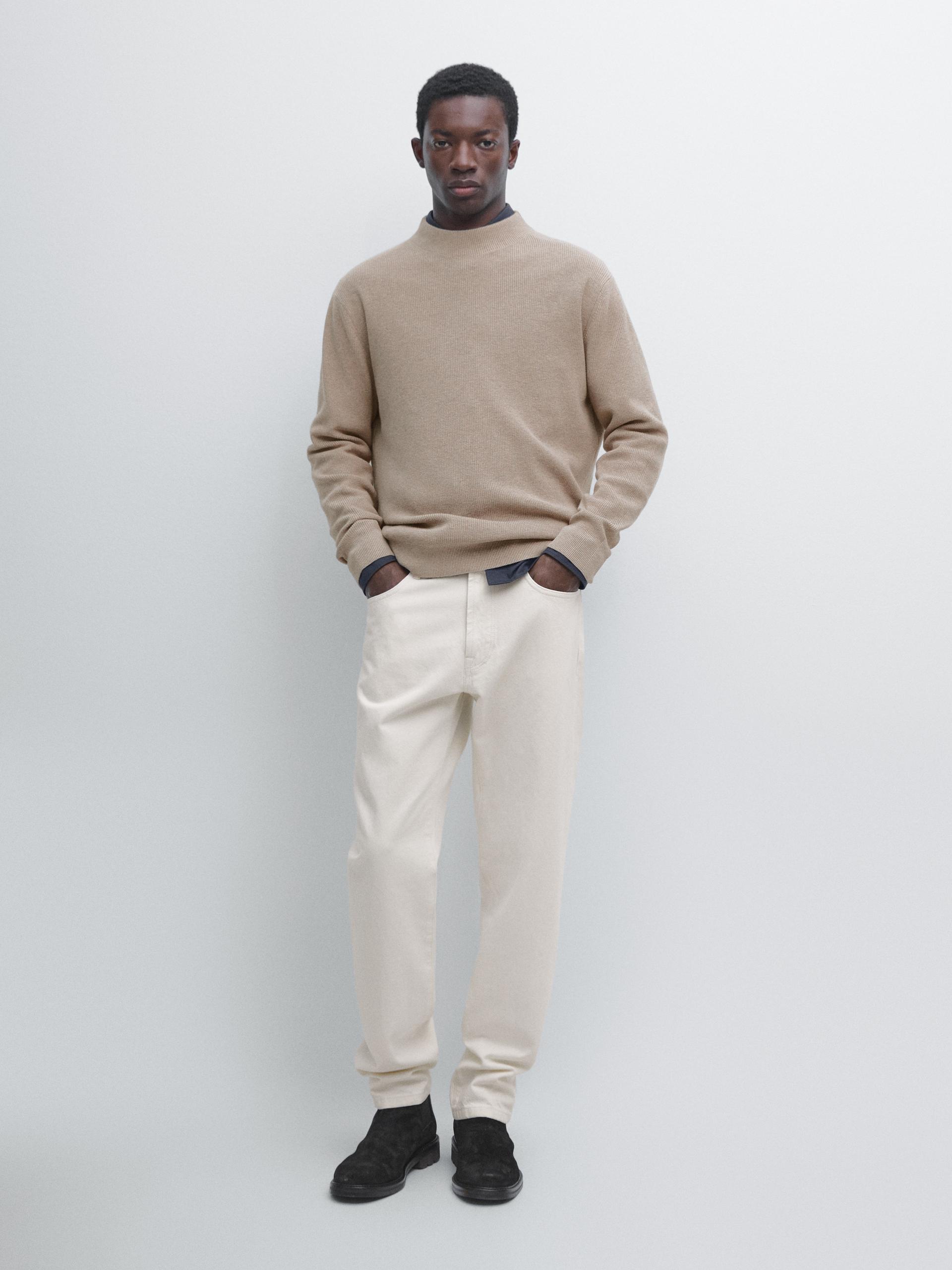 Camisola De Malha Gola Perkins Mistura De Algodão - Vison - L - Massimo Dutti - Homem