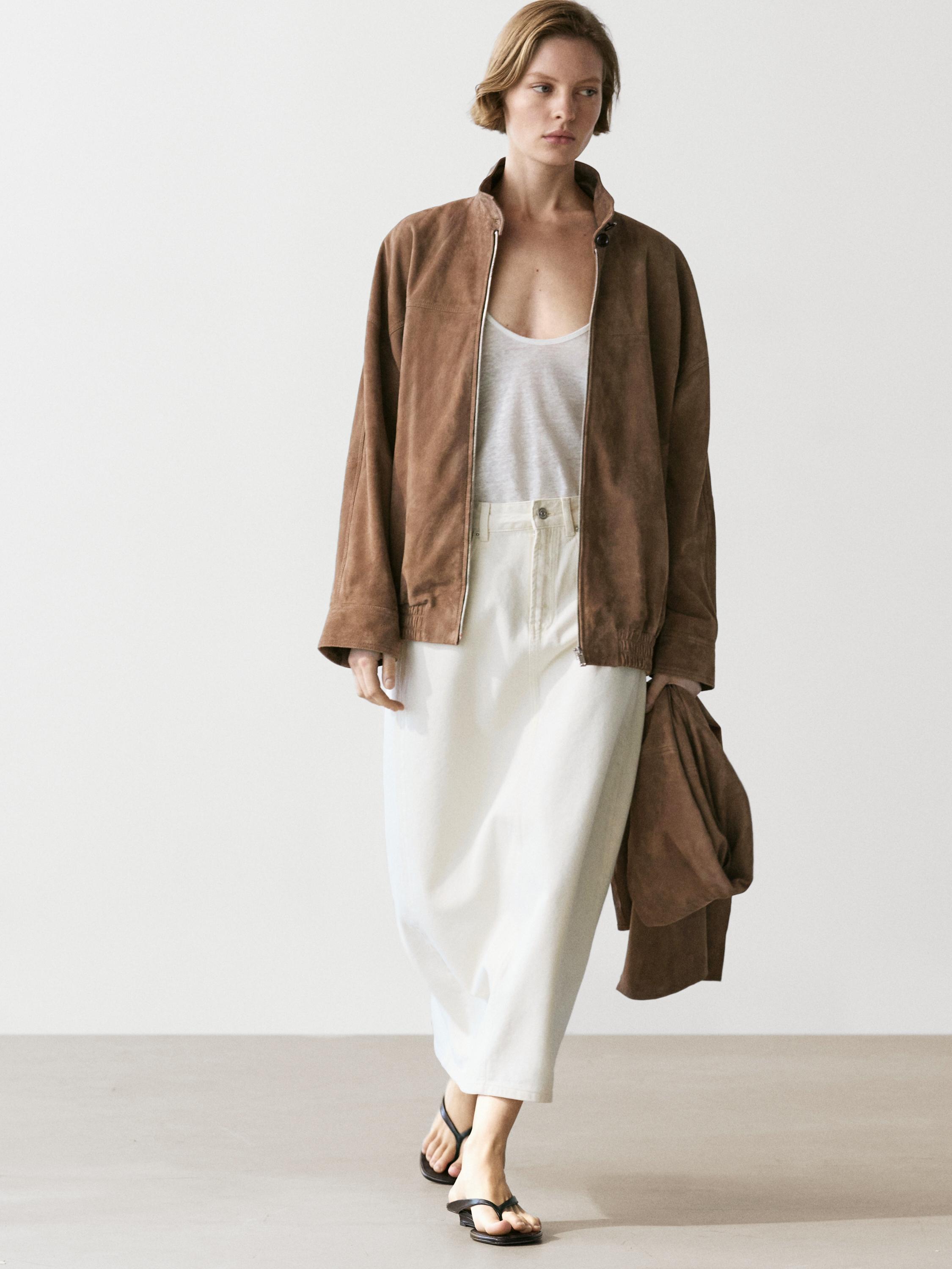 Suede leather bomber jacket with scarf detail — MOLE BROWN