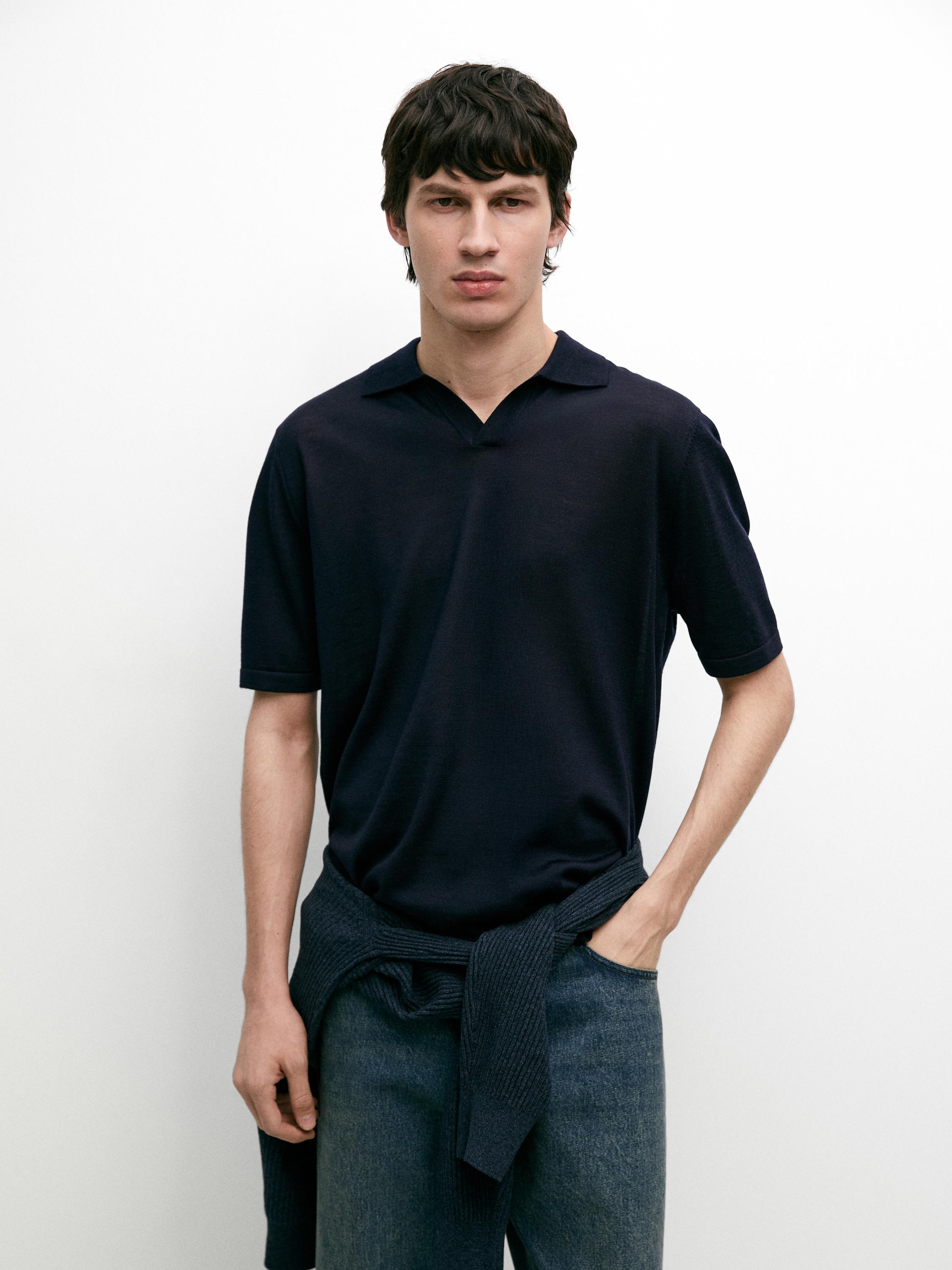 Knit V-neck polo shirt — NAVY BLUE