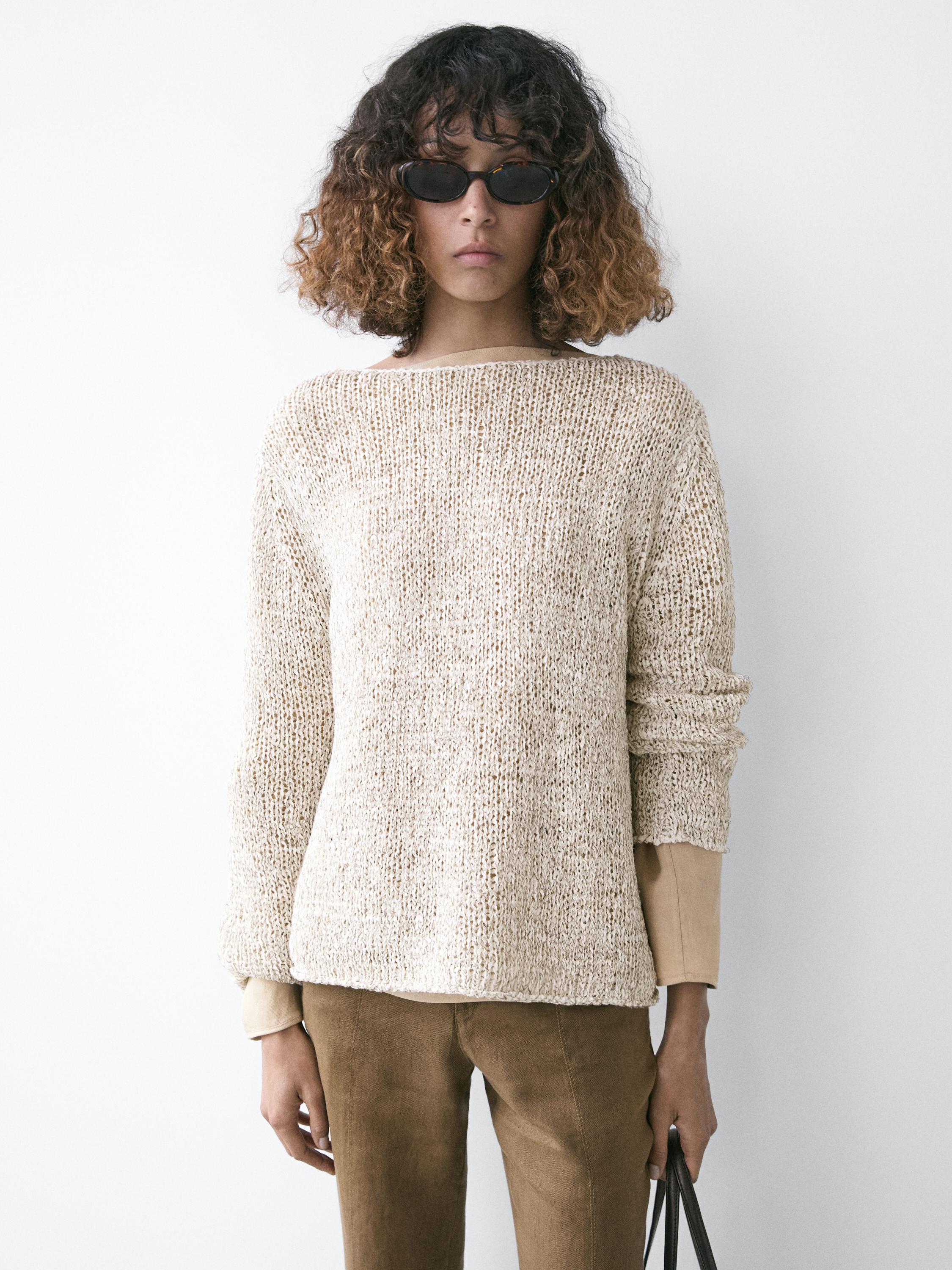 Boat neck knit sweater — BEIGE