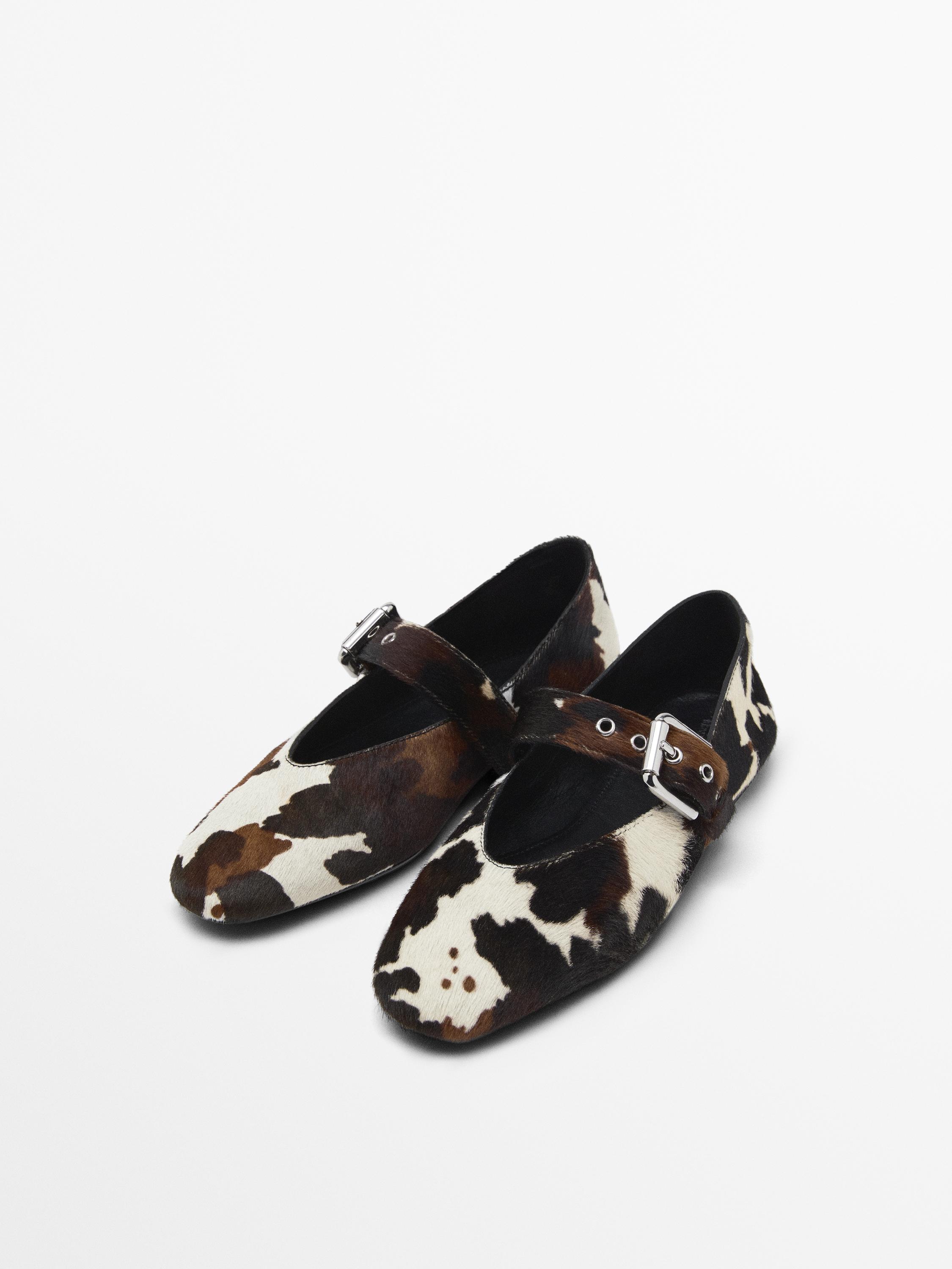 Animal print furskin ballet flats with buckle