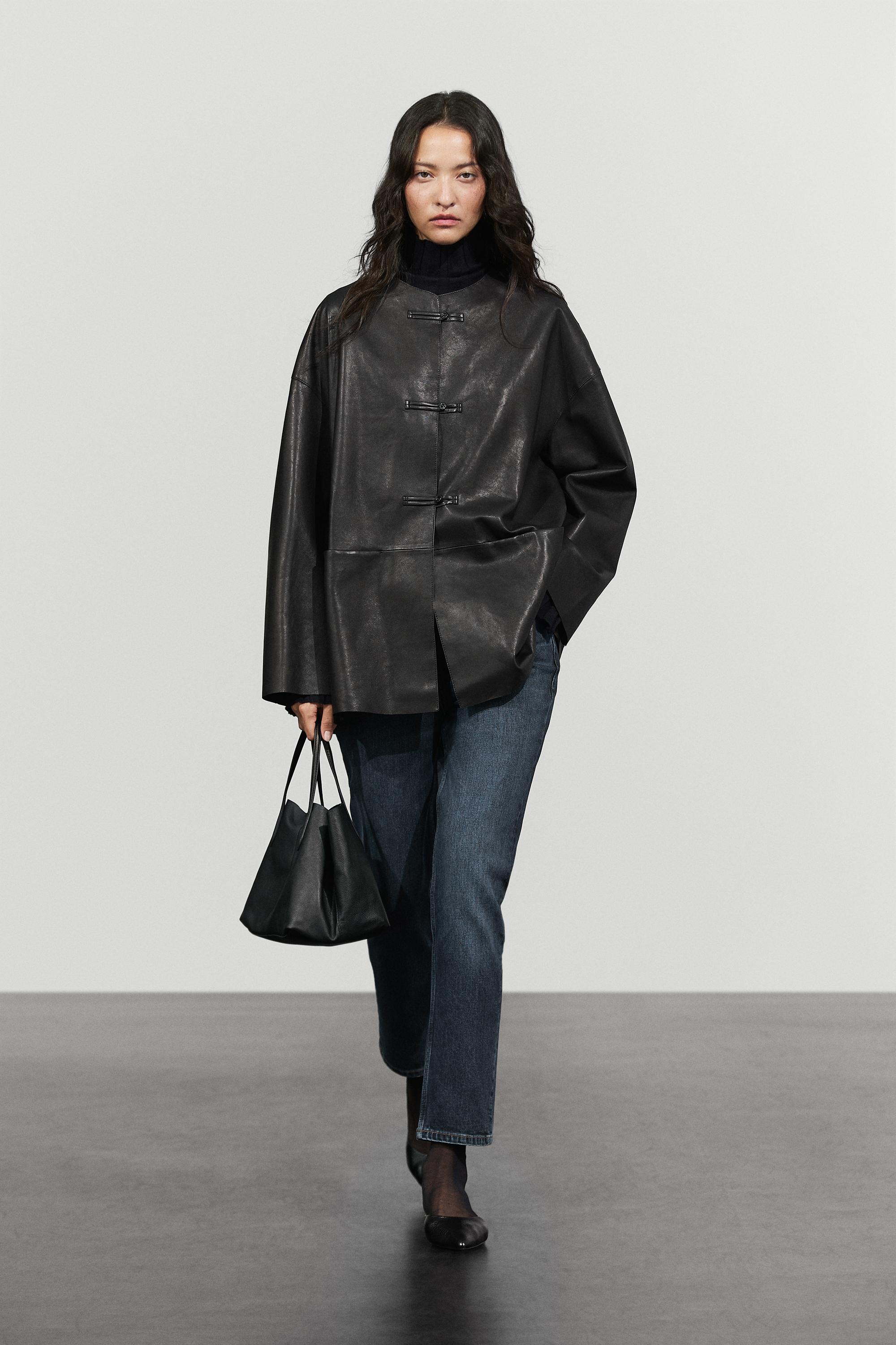 Leather jacket with toggle detail