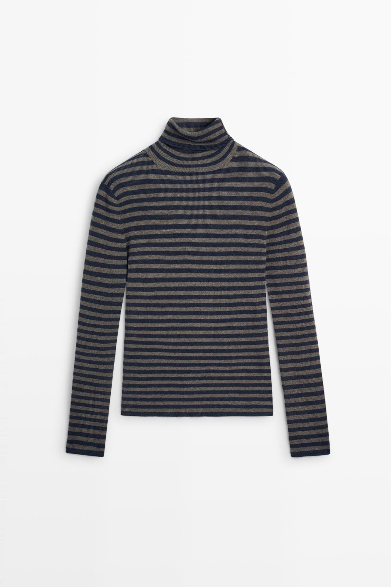 Striped turtleneck knit sweater — NAVY BLUE