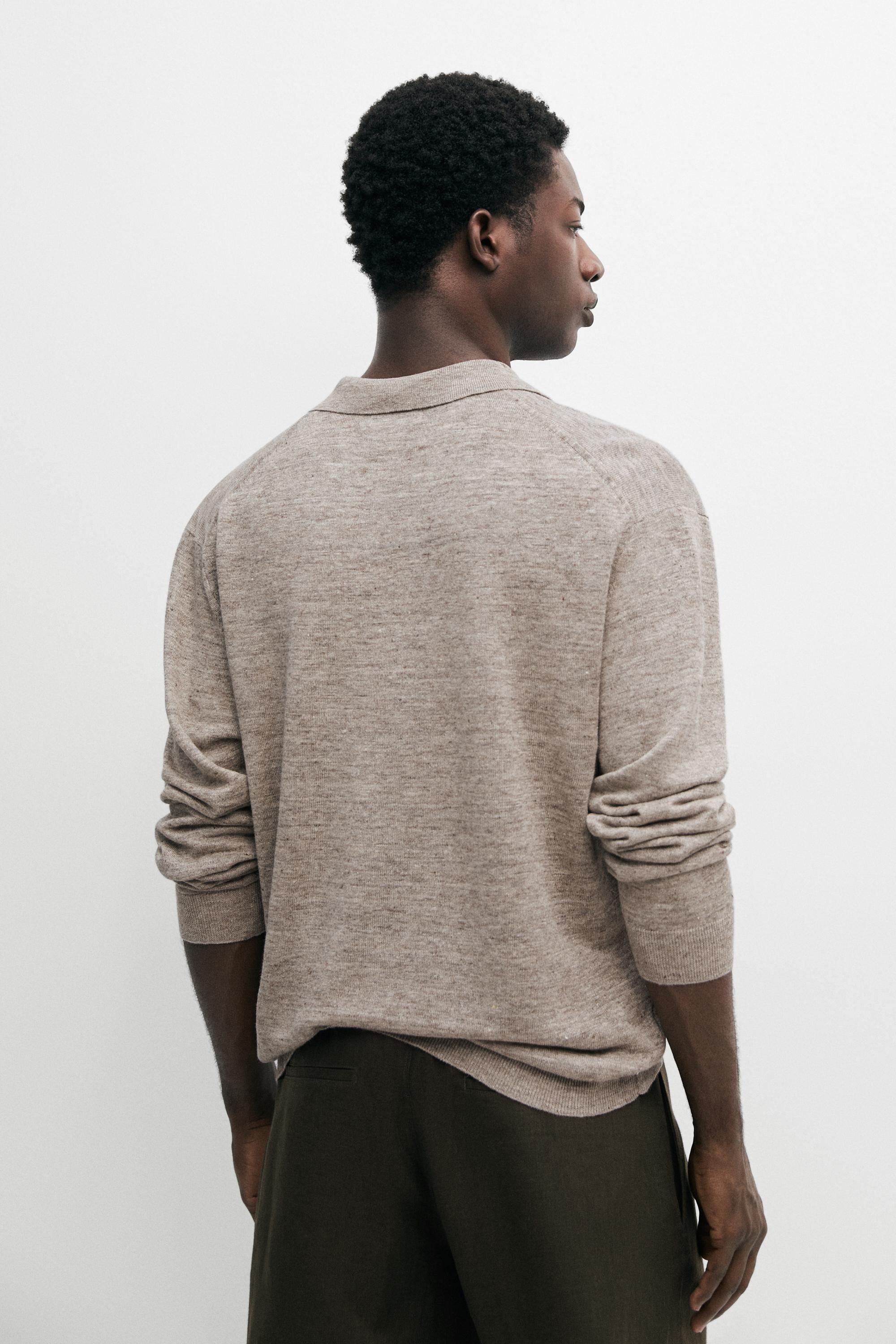 100% linen knit polo collar sweater — BEIGE MARL