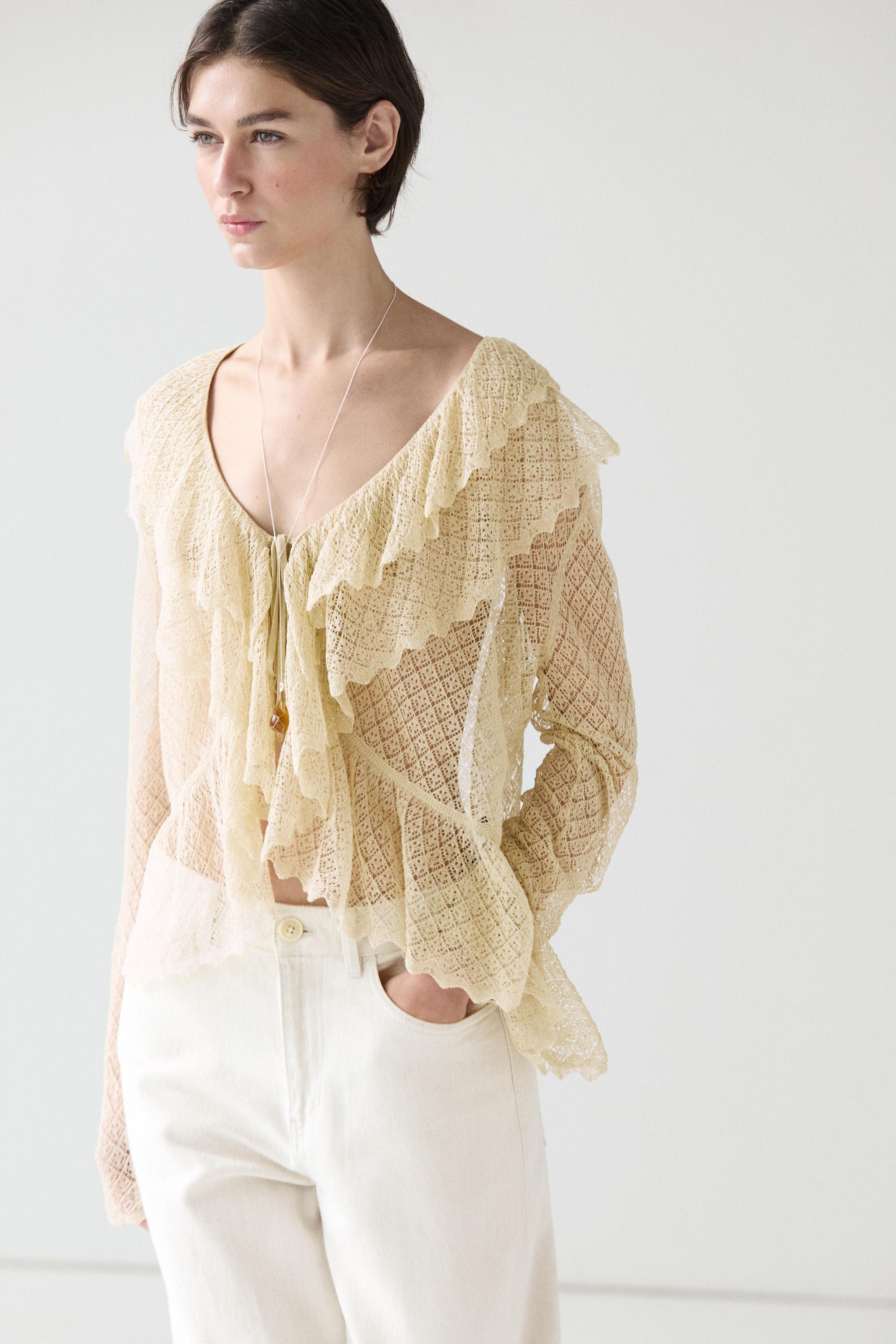 Linen blend cardigan with ruffle details