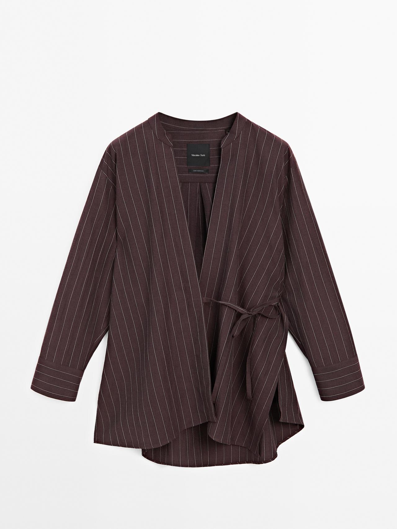 Massimo Dutti - Dame - Nålestribet Kimono Med Blødt Fald - Granatrød - L