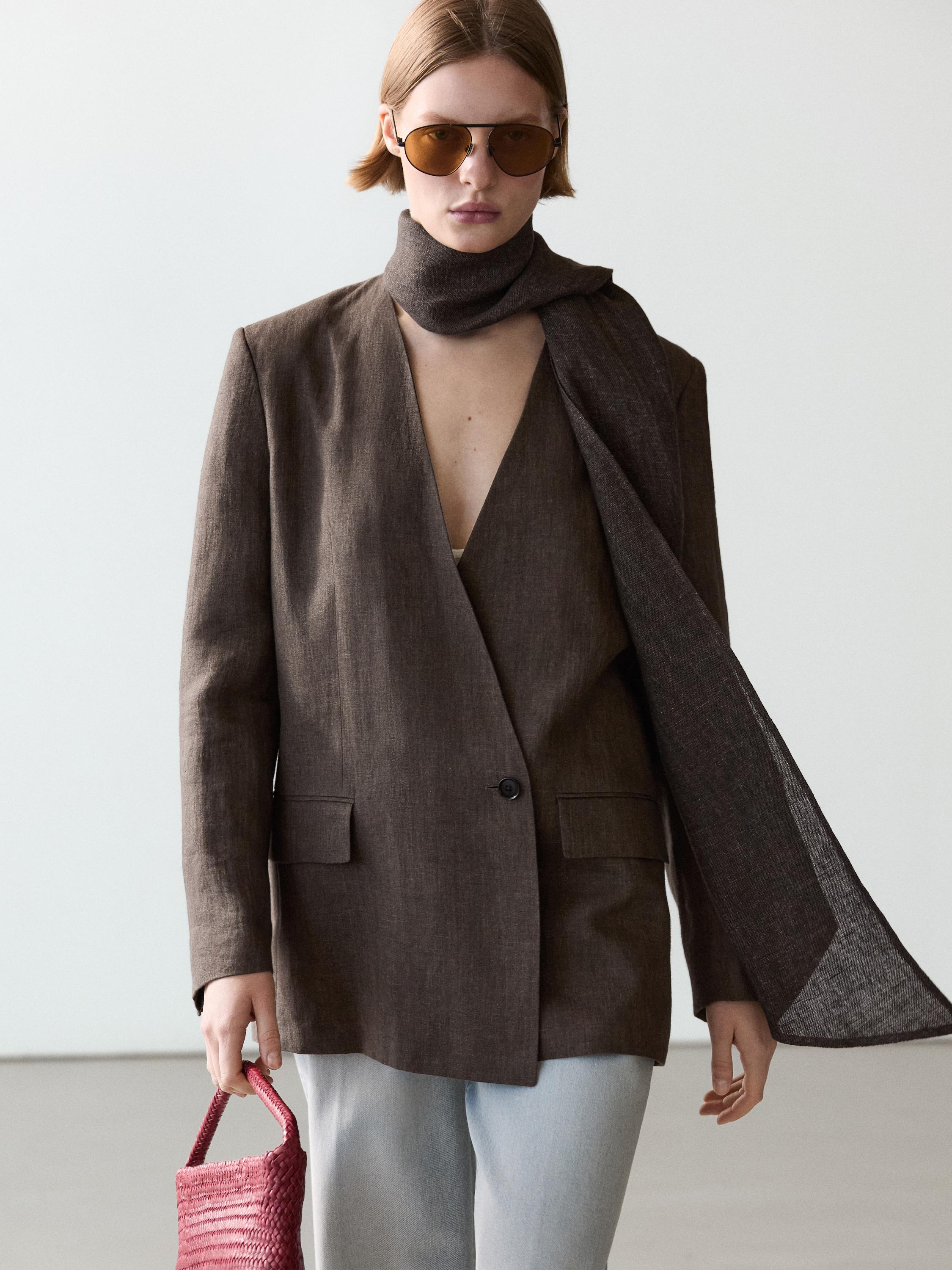 100% linen melange scarf blazer — MOLE BROWN