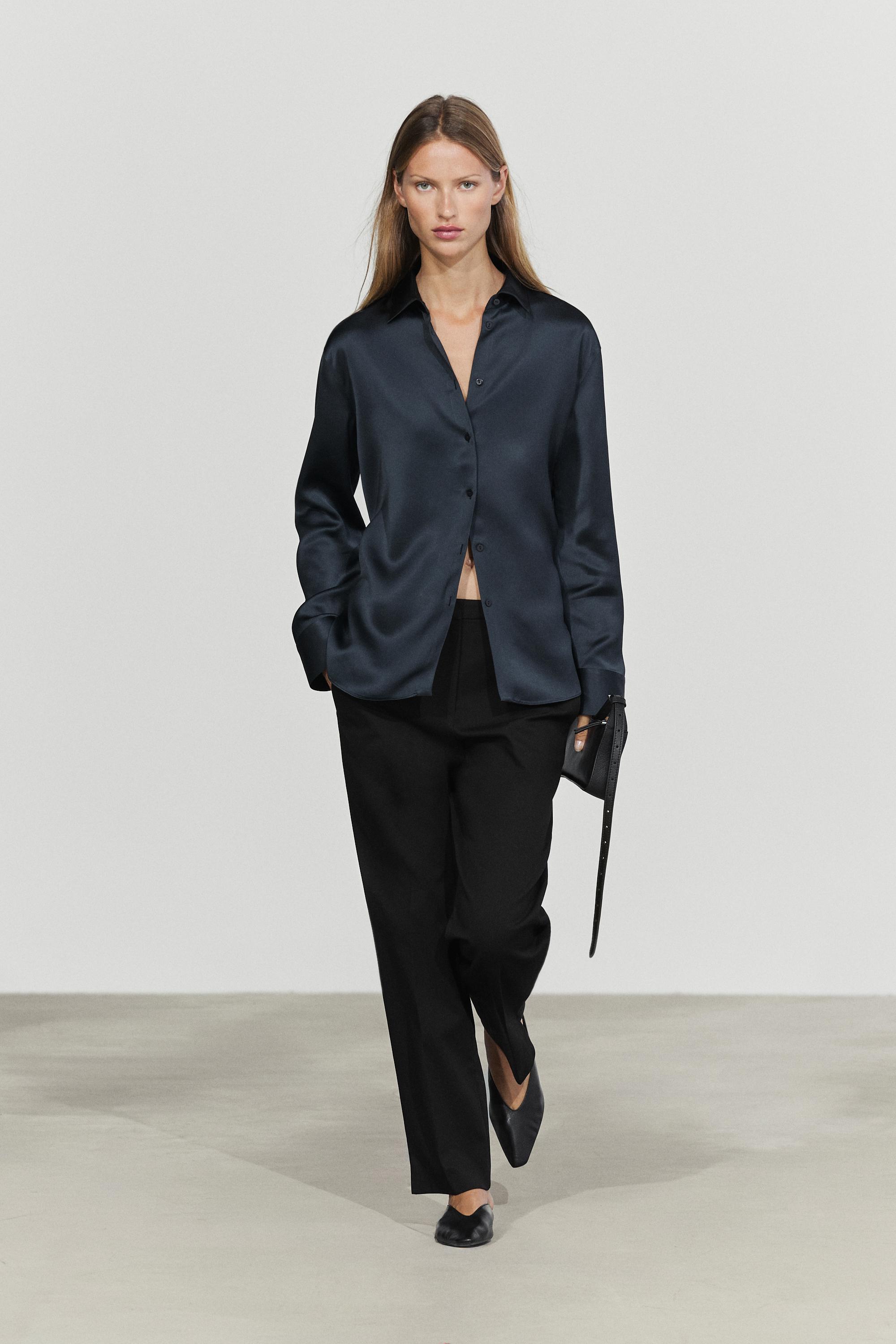 Camicia Morbida Satinata - Blu Marino - L - Massimo Dutti - Female-image