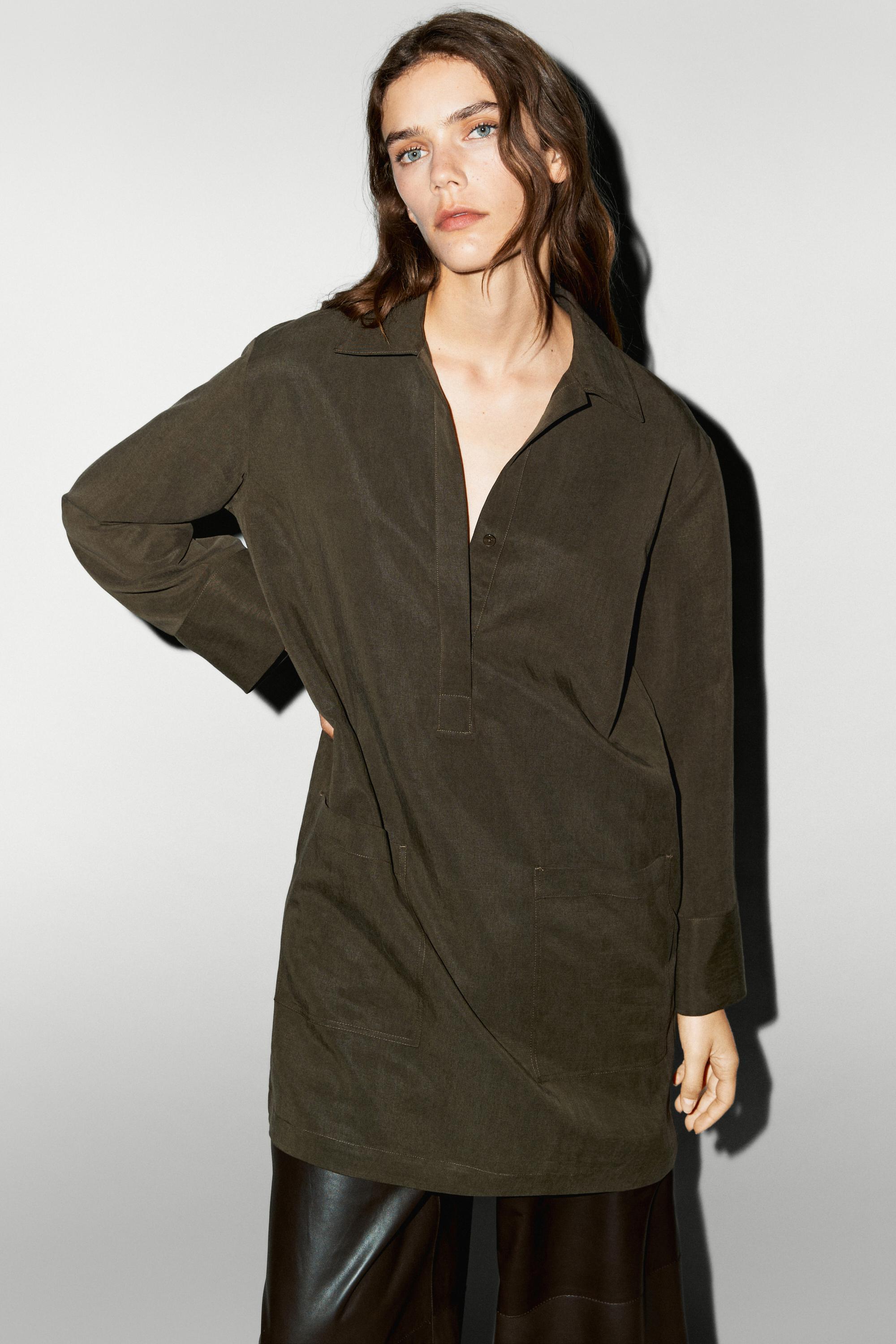 Short shirt dress with pocket detail — KHAKI