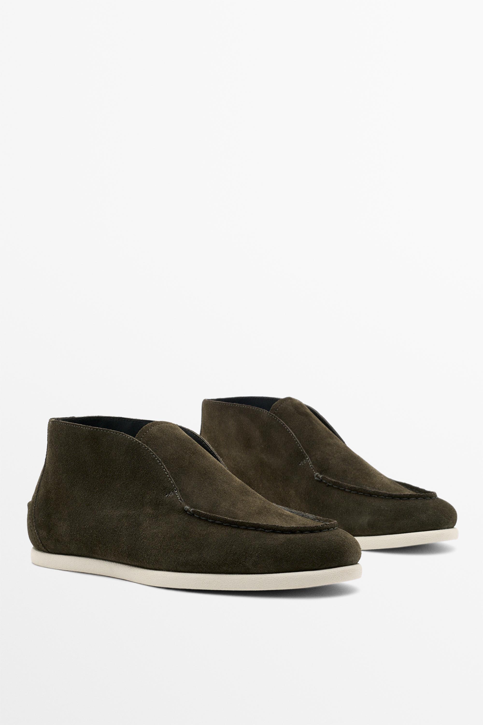 Split suede leather ankle loafer — OLIVE