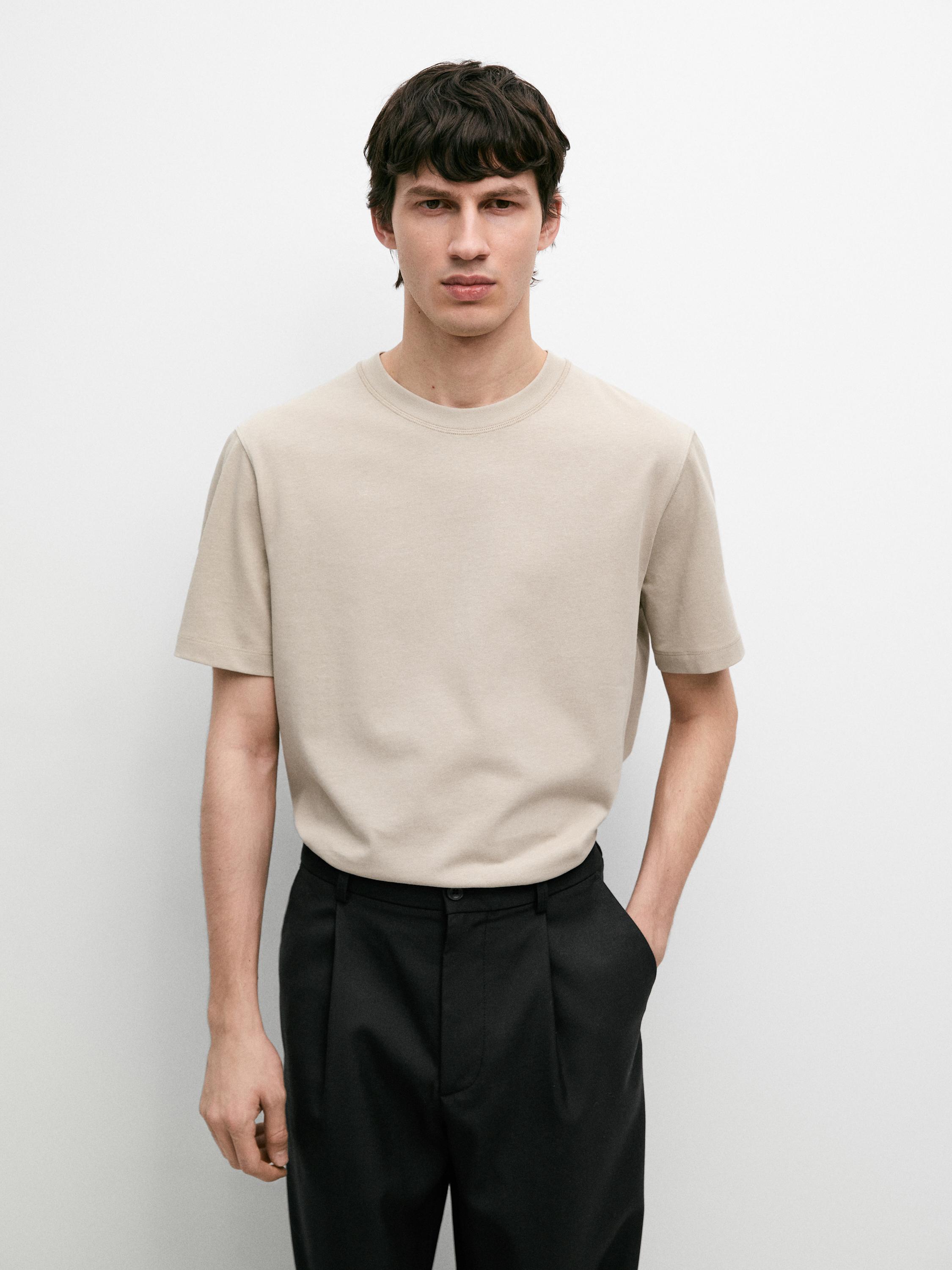 Short sleeve cotton blend T-shirt — SAND