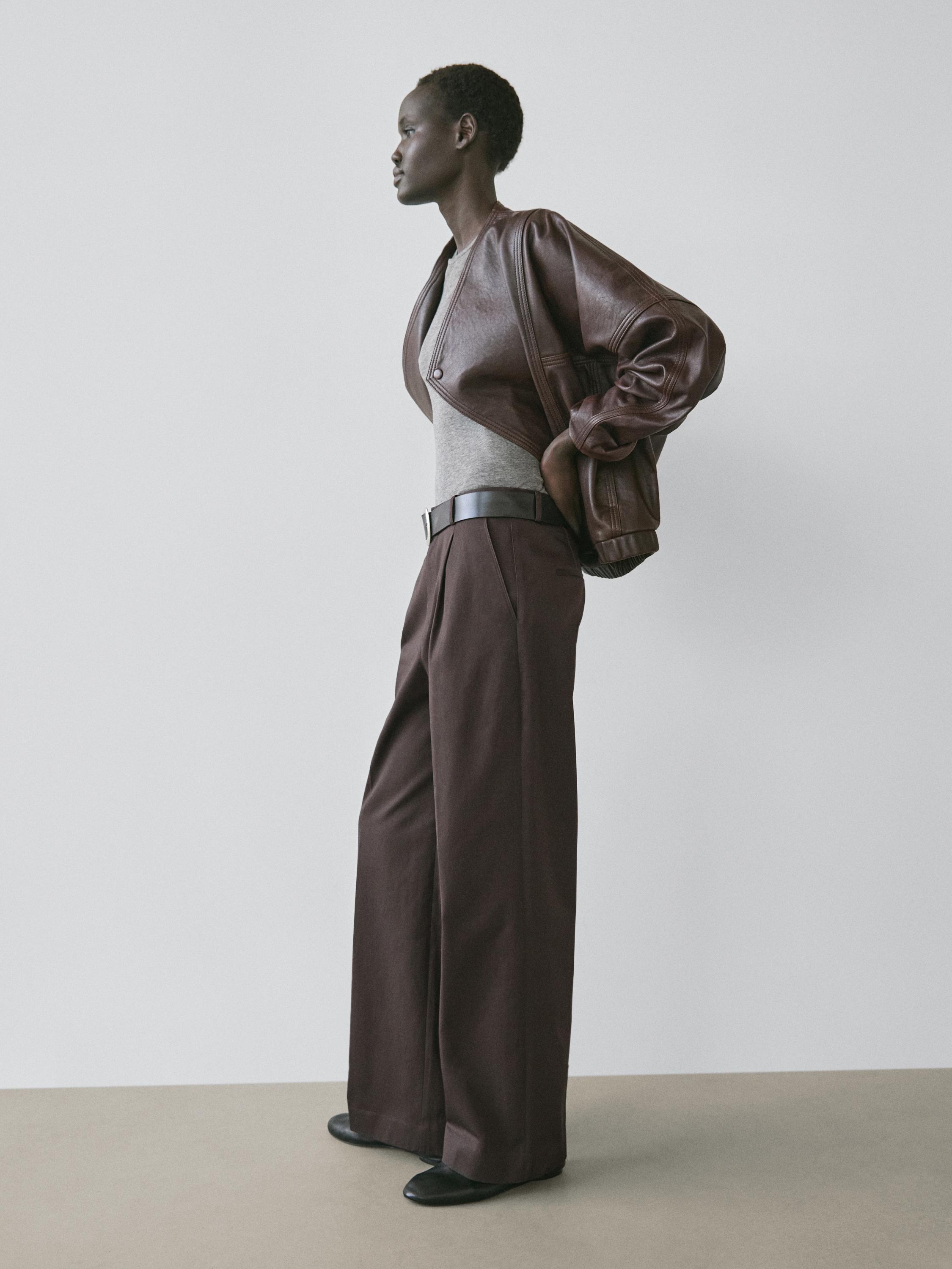 Asymmetric nappa leather bomber jacket — BROWN