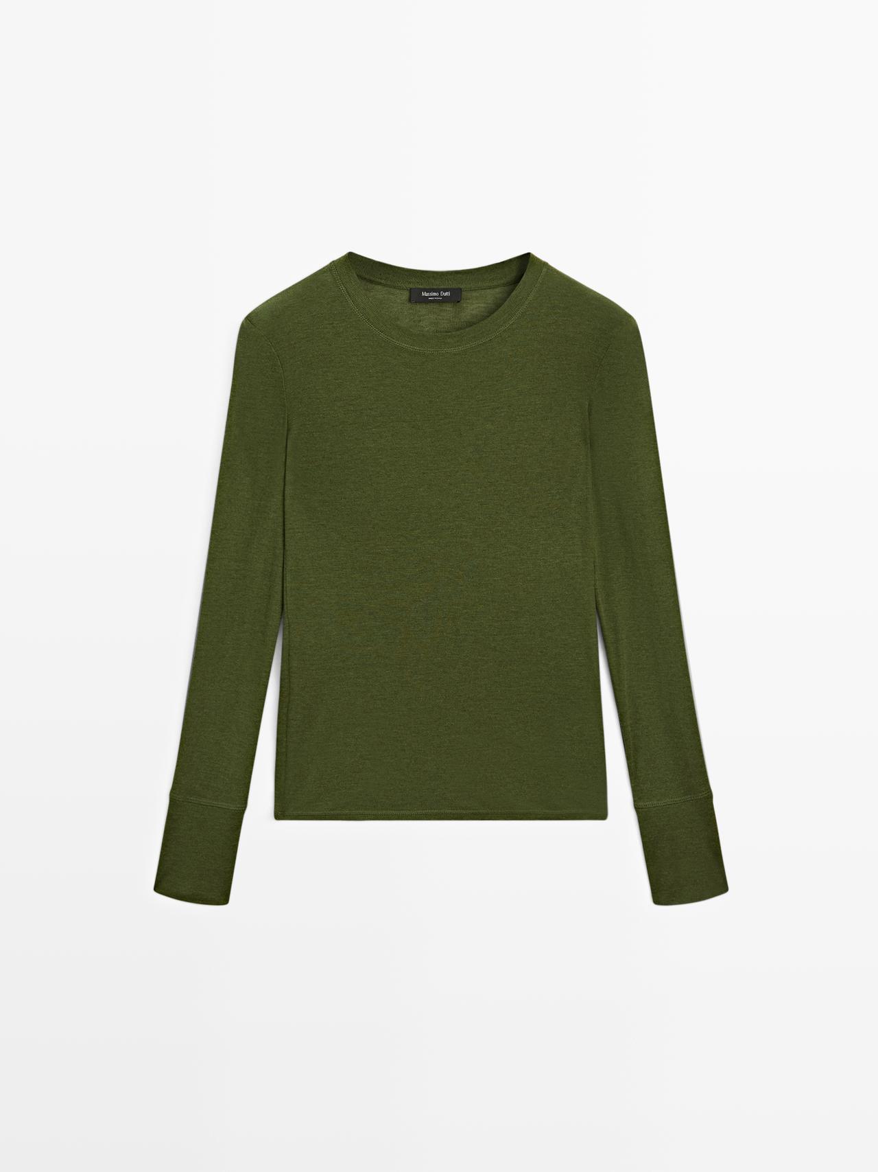 Massimo Dutti - Dame - Langærmet T-Shirt Med Ribkanter - Grøn - S