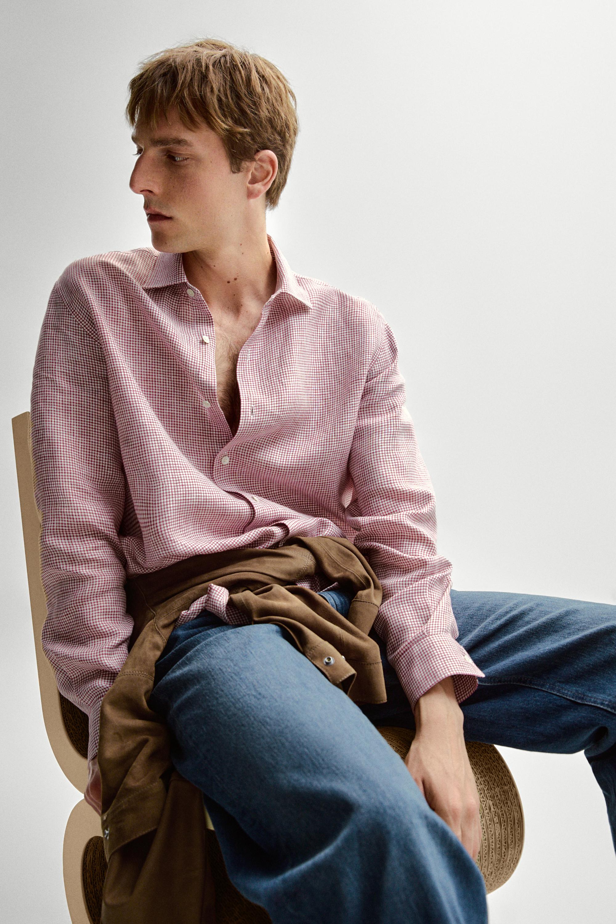 100% linen regular fit micro-checked shirt — BRIGHT RED