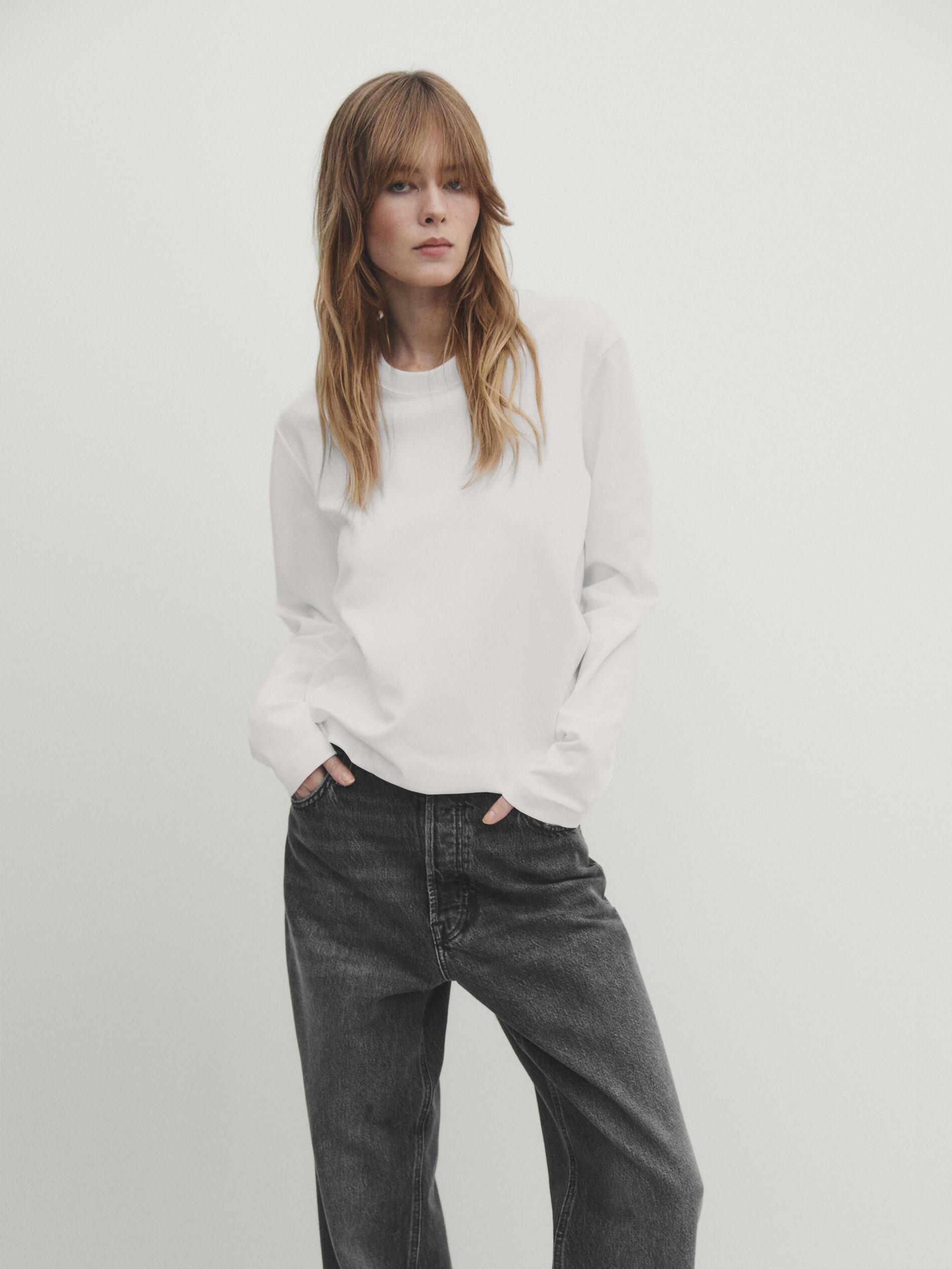 100% cotton interlock long sleeve T-shirt — Off white