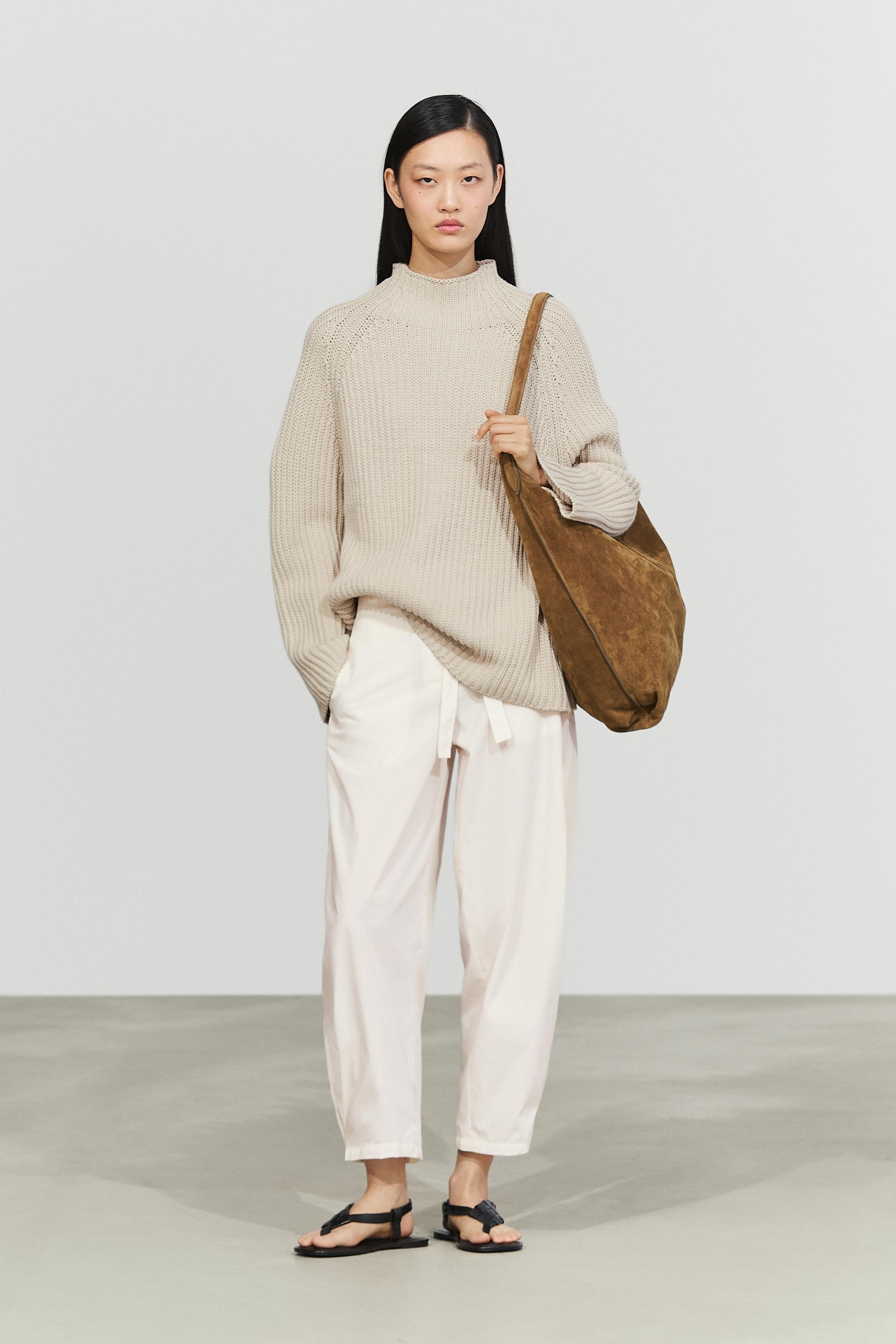 100% cotton purl knit sweater — STONE