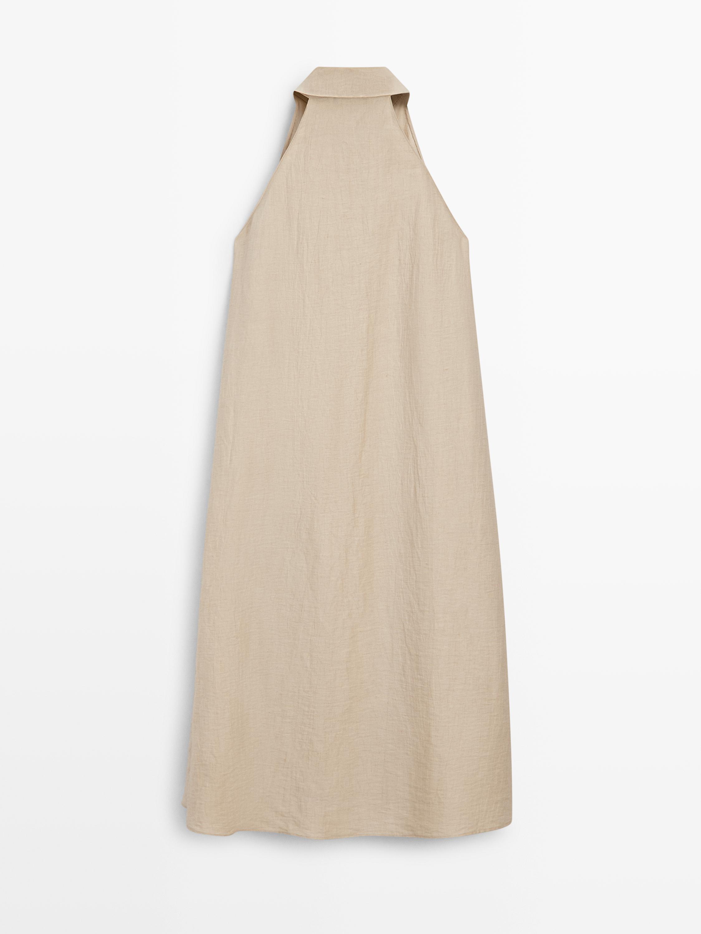 Linen blend polo collar midi dress — CREAM
