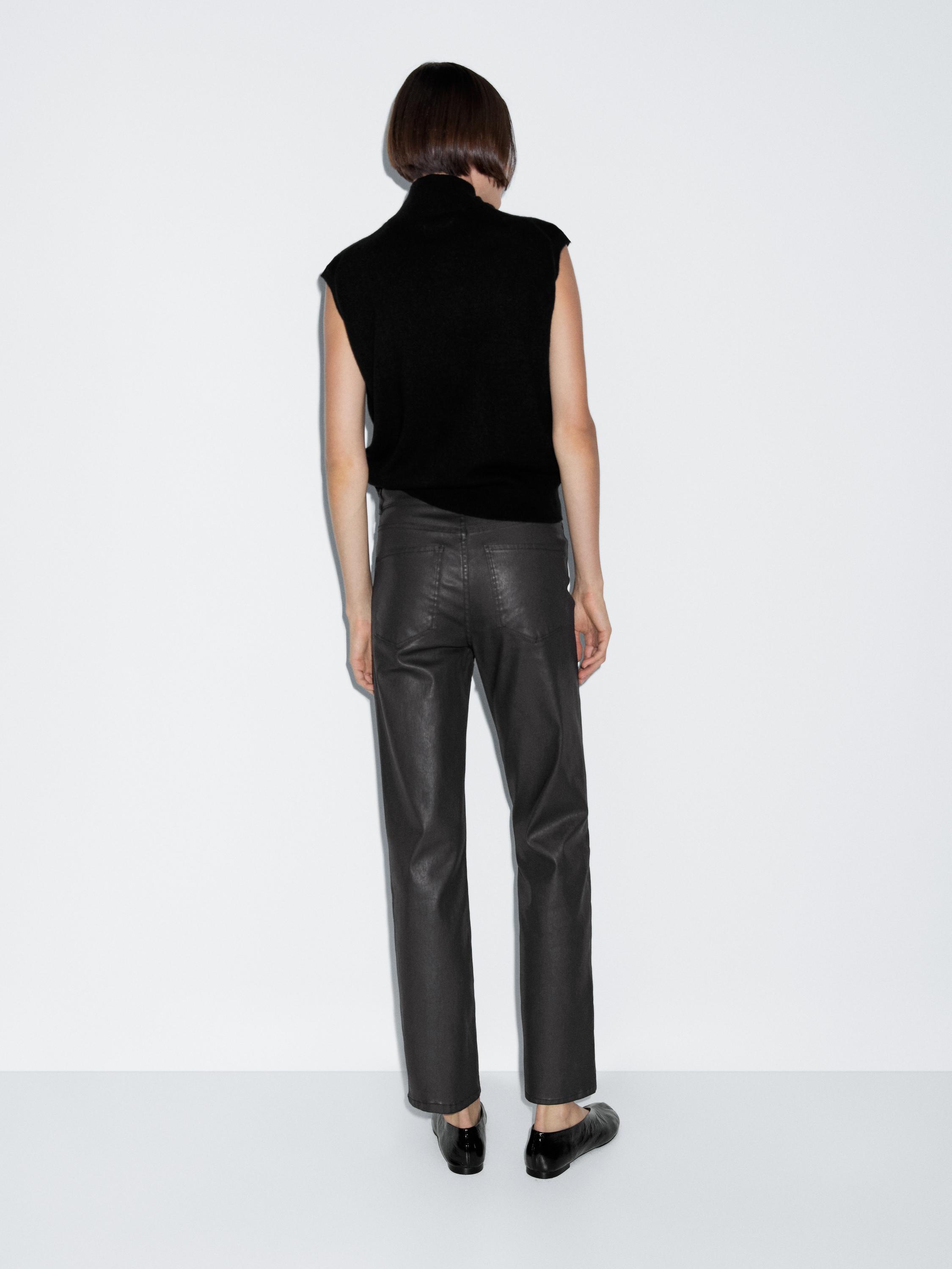 High-waist straight-leg waxed trousers — BLACK