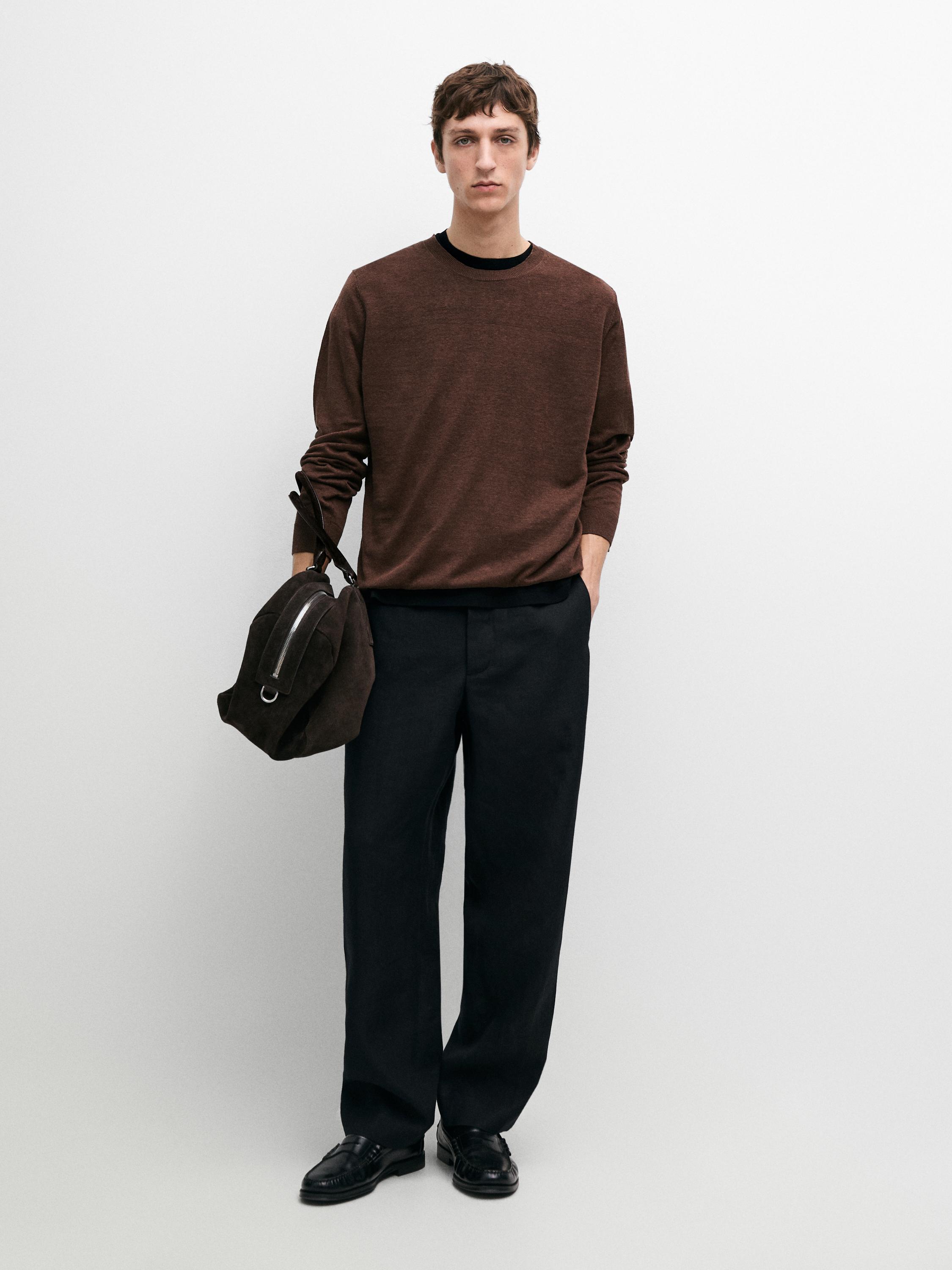 100% linen knit crew neck sweater — Reddish brown