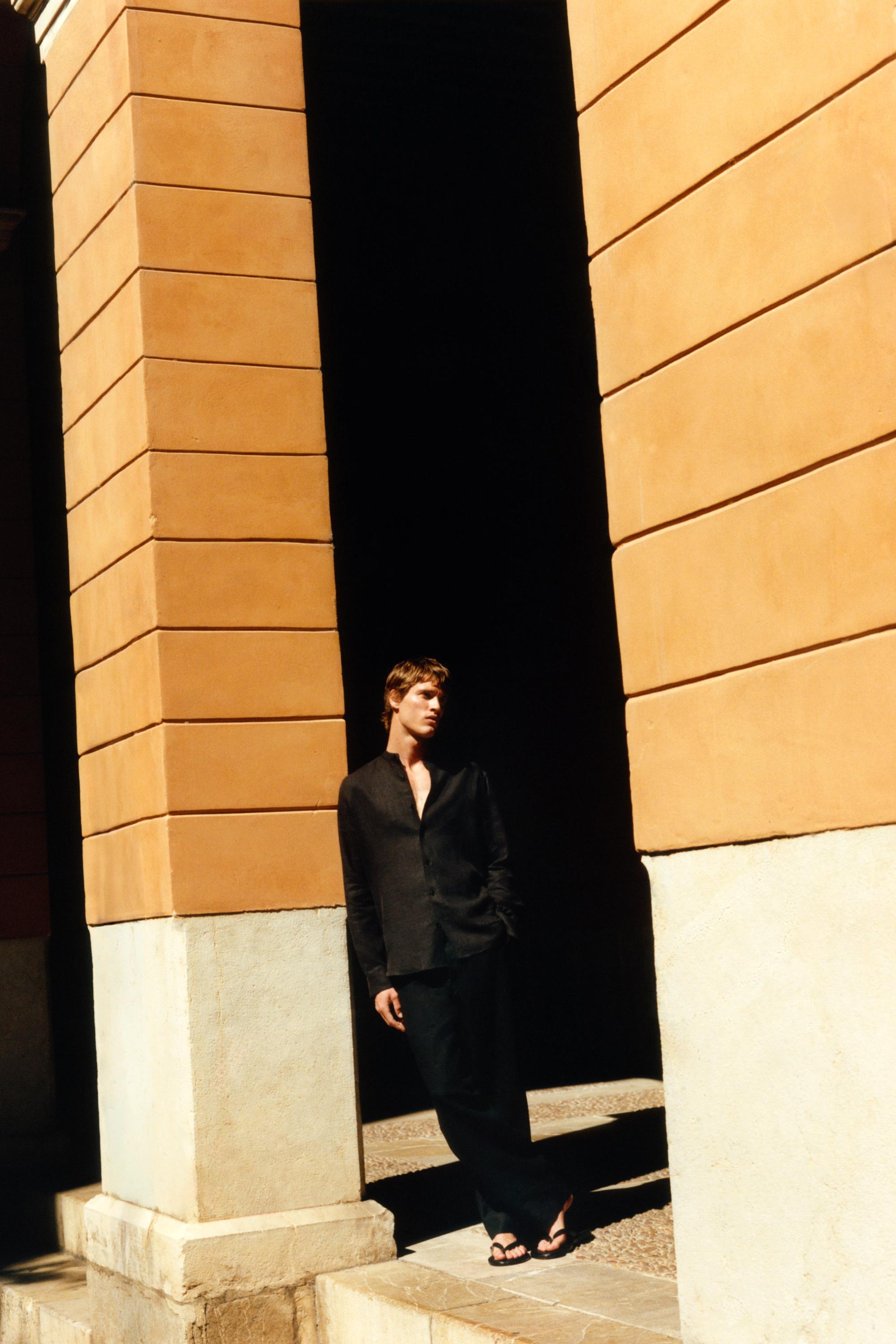 100% linen stand collar shirt — BLACK