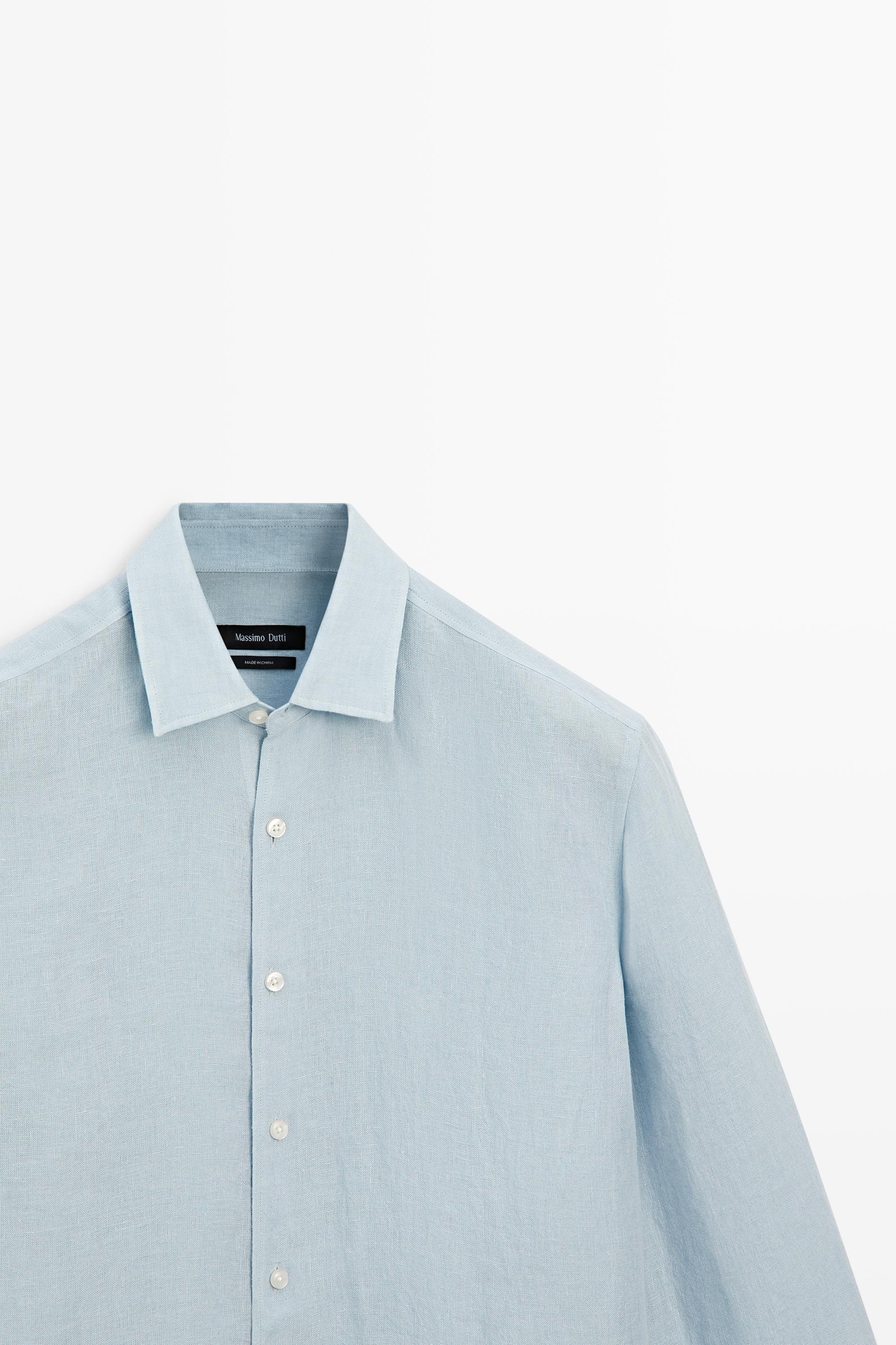 Textured 100% linen regular fit shirt — BLUE