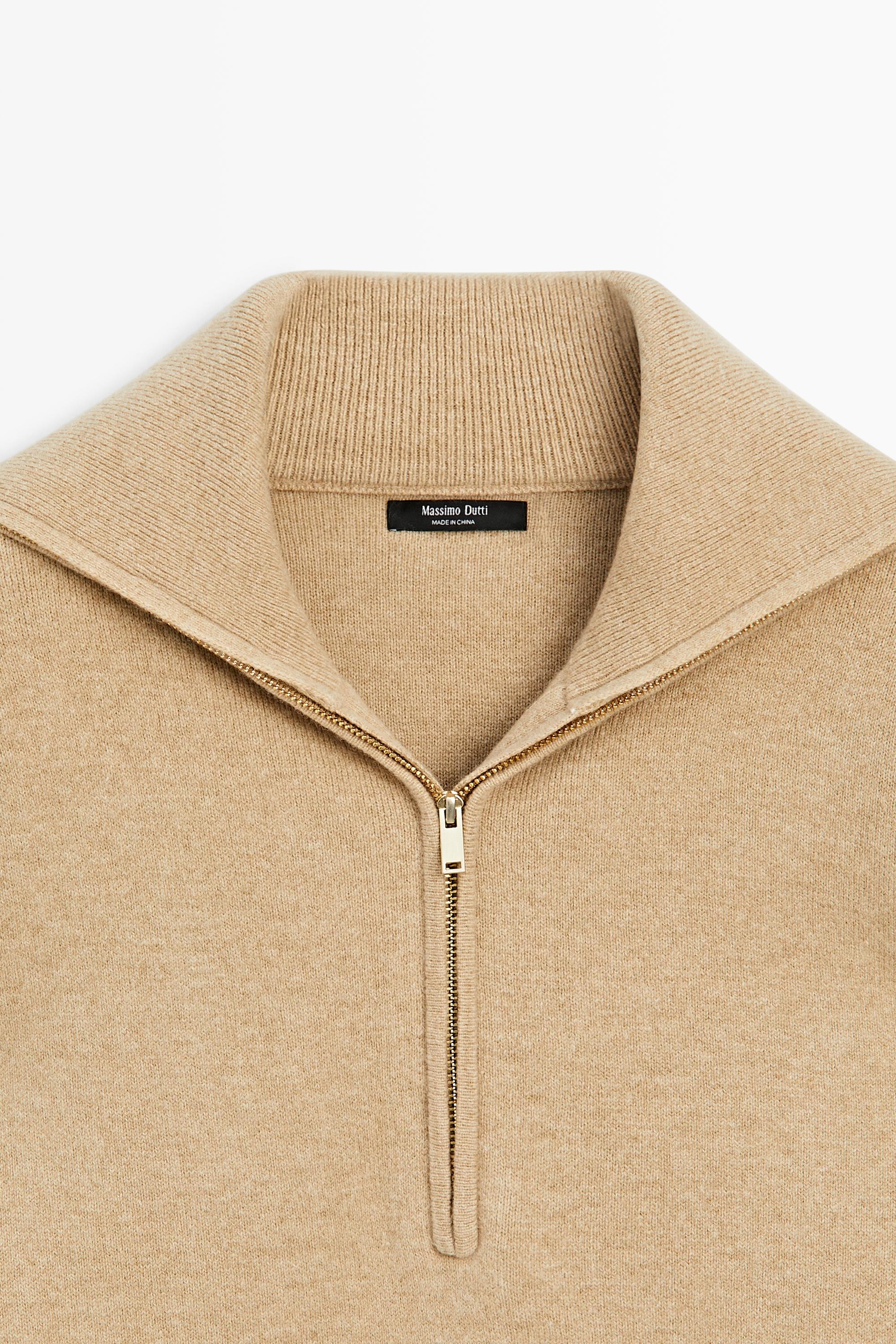 Wide collar zip-up knit sweater — CAMEL