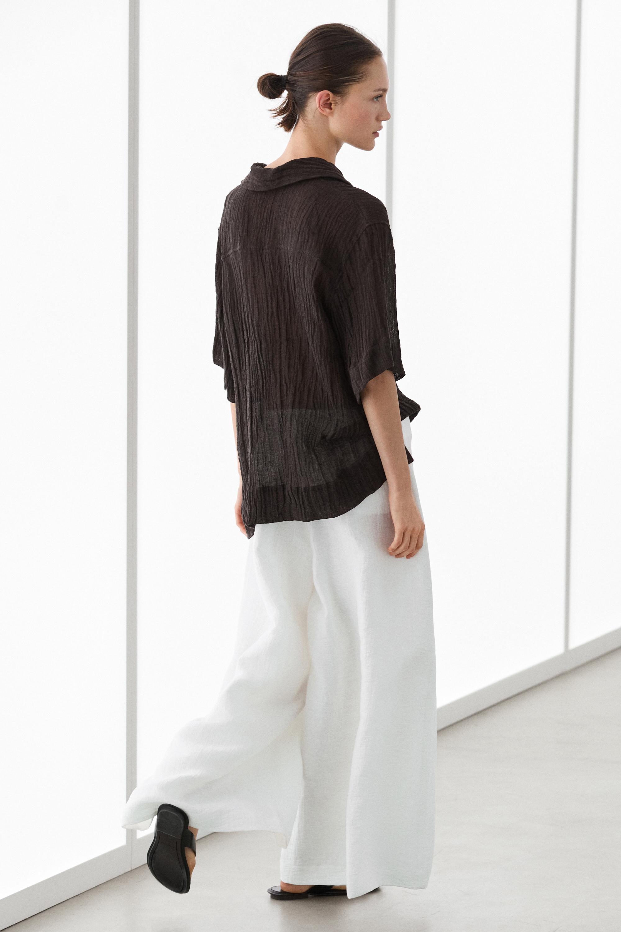 Flowing linen blend polo blouse — BROWN