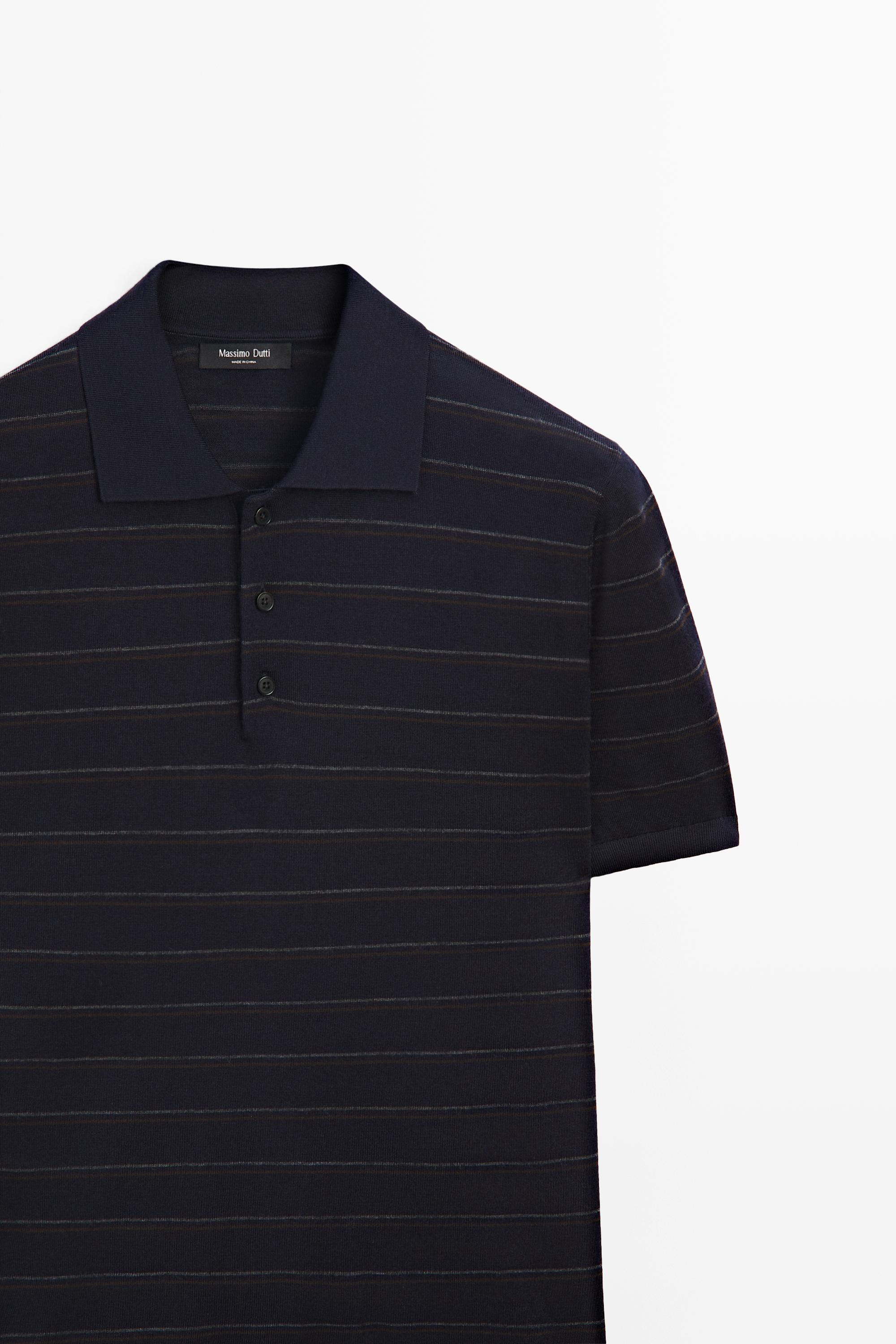 Striped short sleeve knit polo sweater — NAVY BLUE