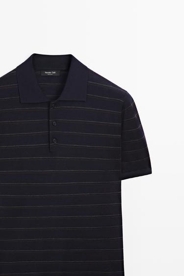 Striped short sleeve knit polo sweater — NAVY BLUE 4