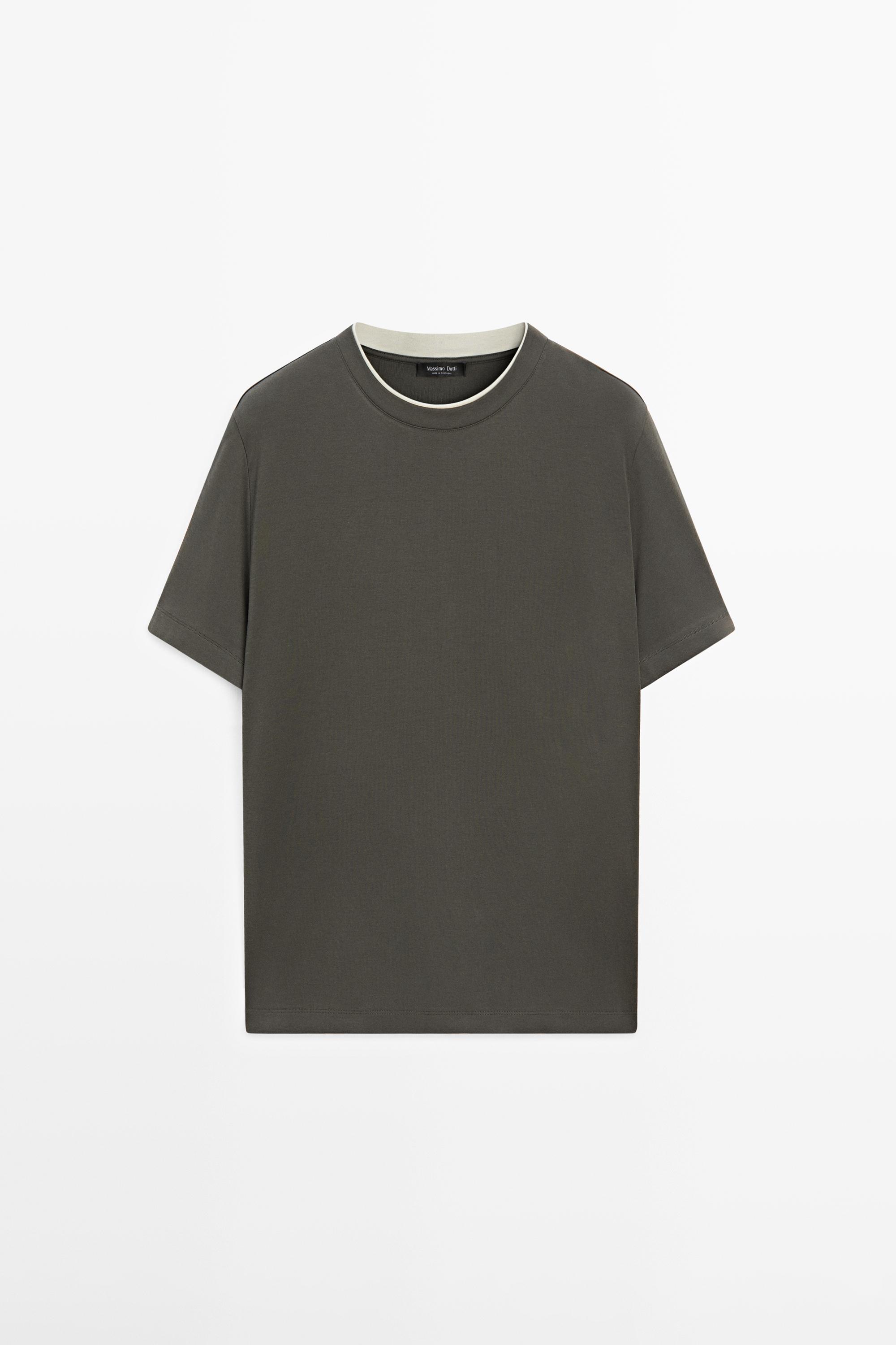 100% cotton T-shirt with contrast neckline — KHAKI