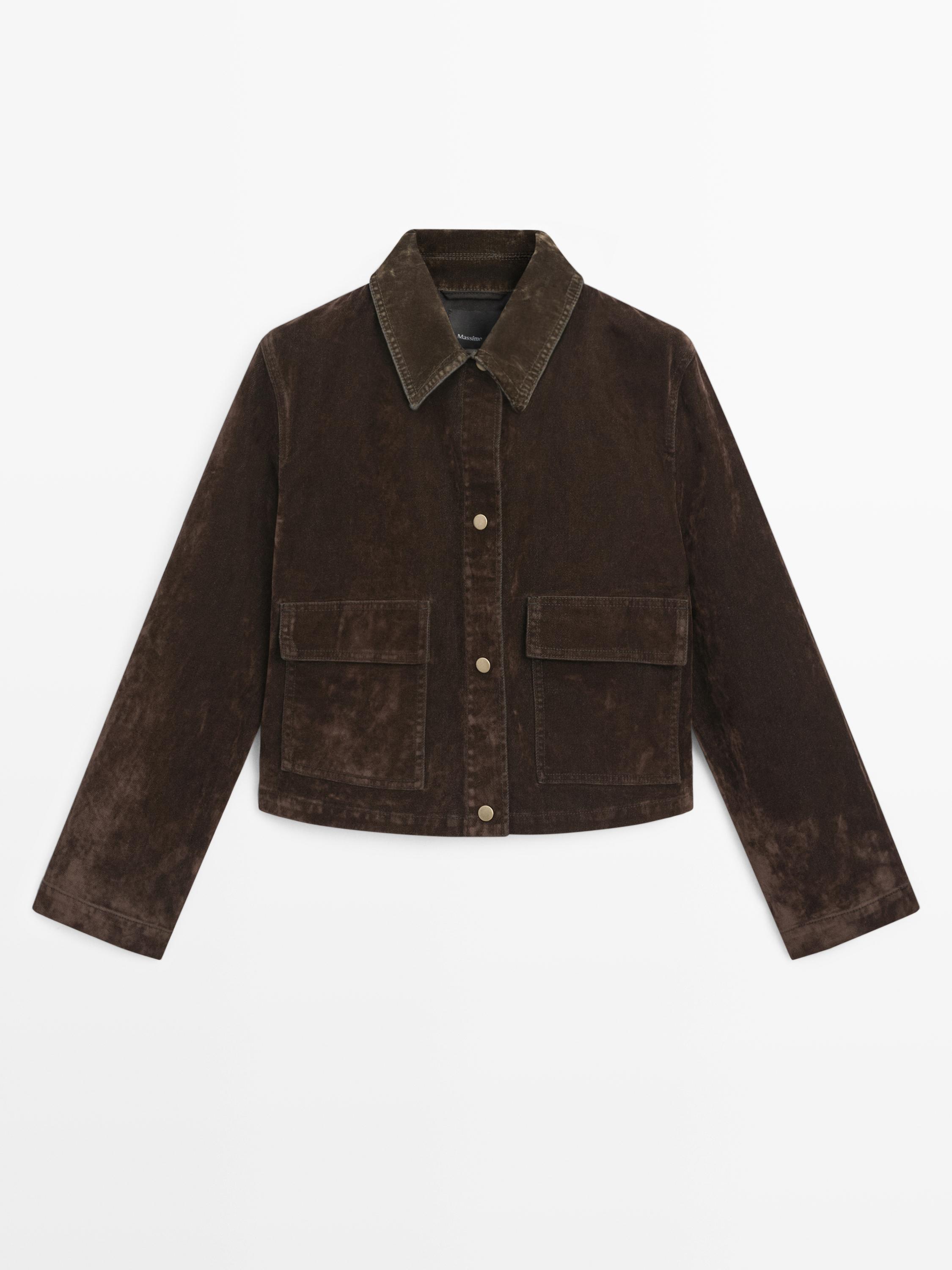 Chaqueta denim corta bolsillos acabado flock