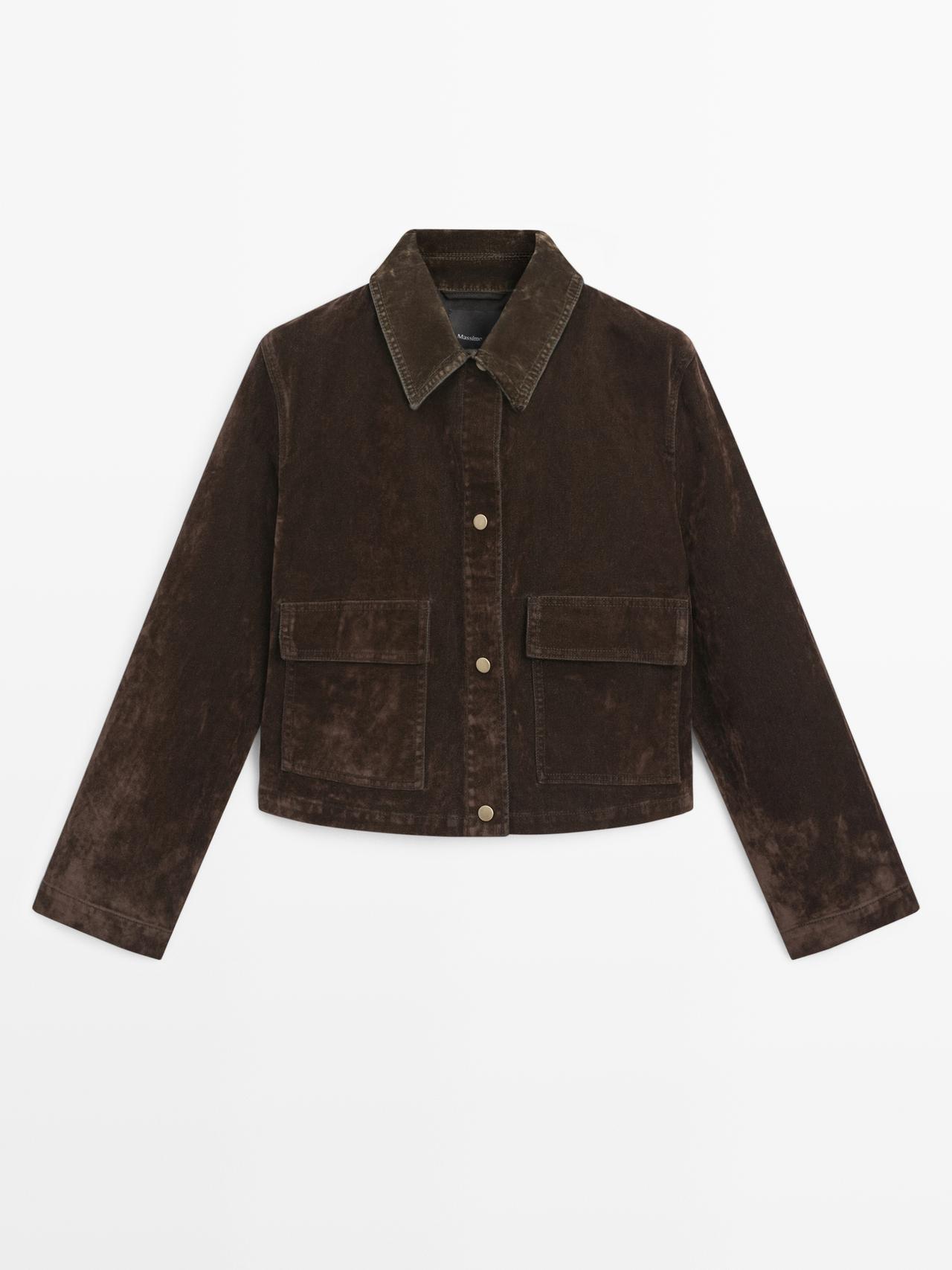 Massimo Dutti - Dame - Kort Denimjakke Med Lommer Og Flock-Finish - Chokolade - S