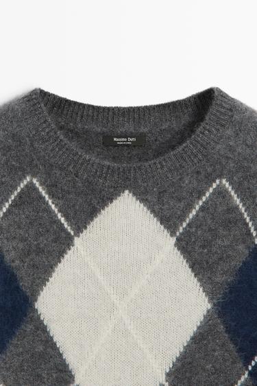 Wool blend knit sweater with argyle pattern — GREY 9