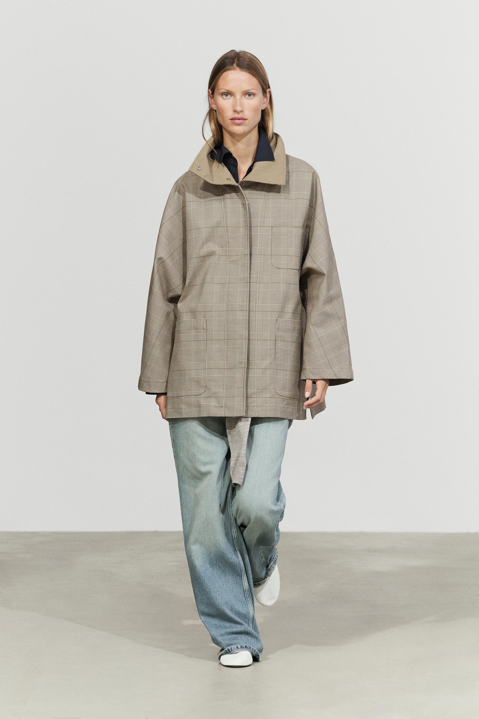 Cotton blend plaid high neck jacket