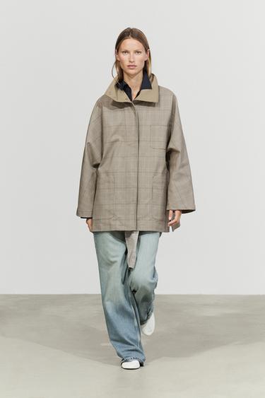 Cotton blend plaid high neck jacket — KHAKI 1