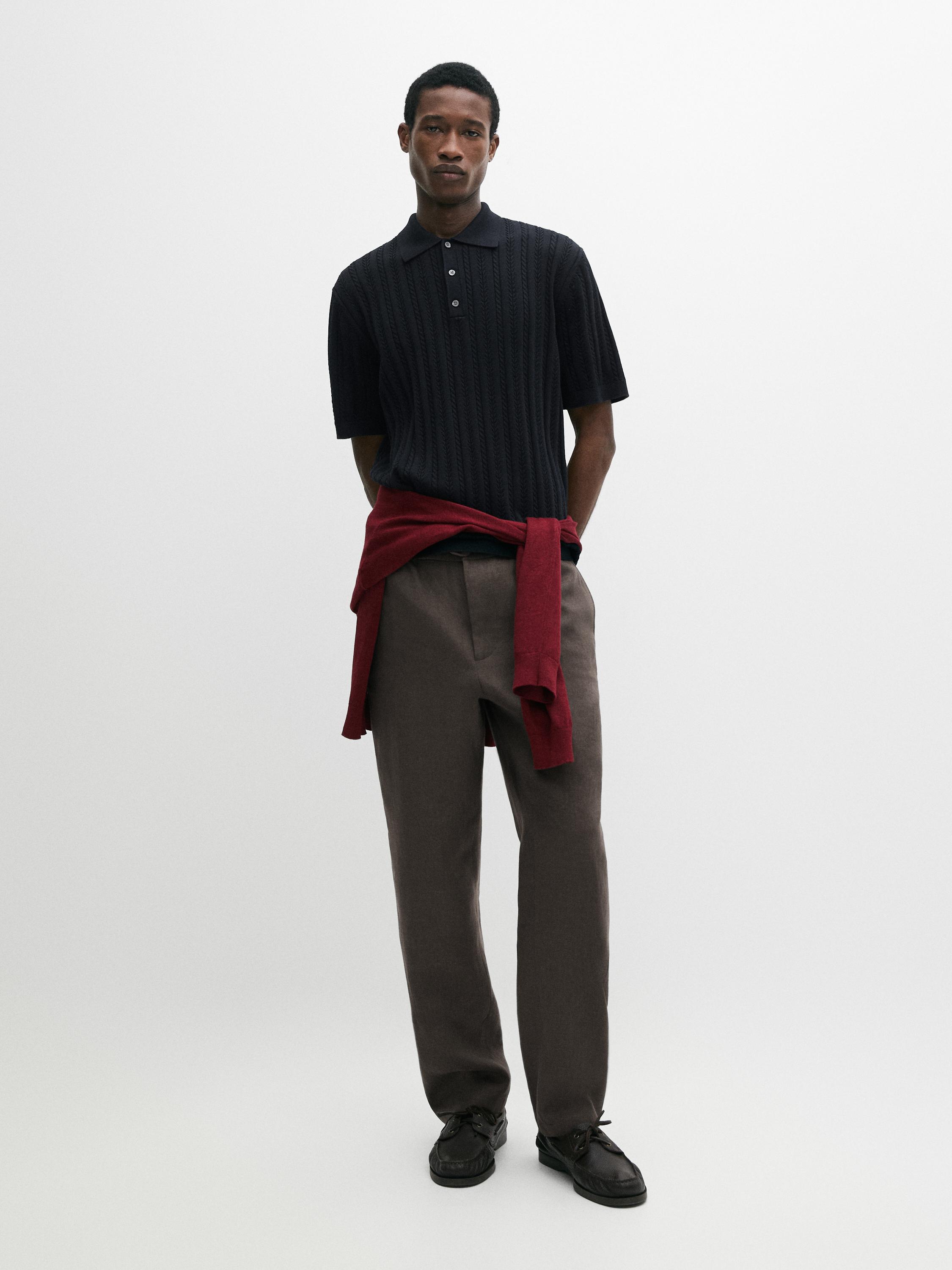 Cotton blend cable-knit polo sweater — NAVY BLUE