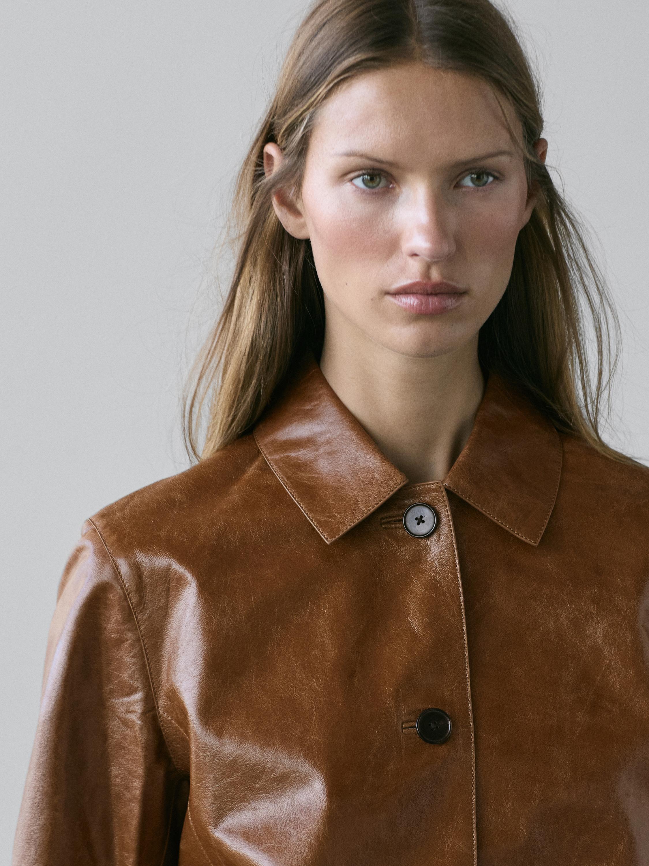 Cropped nappa leather jacket — CAMEL