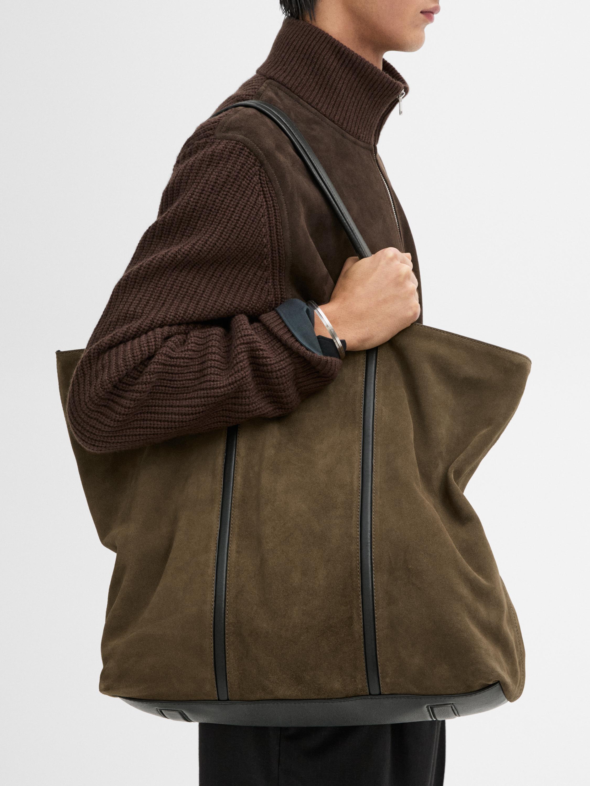 Split suede leather tote bag · Khaki · Accessories | Massimo Dutti