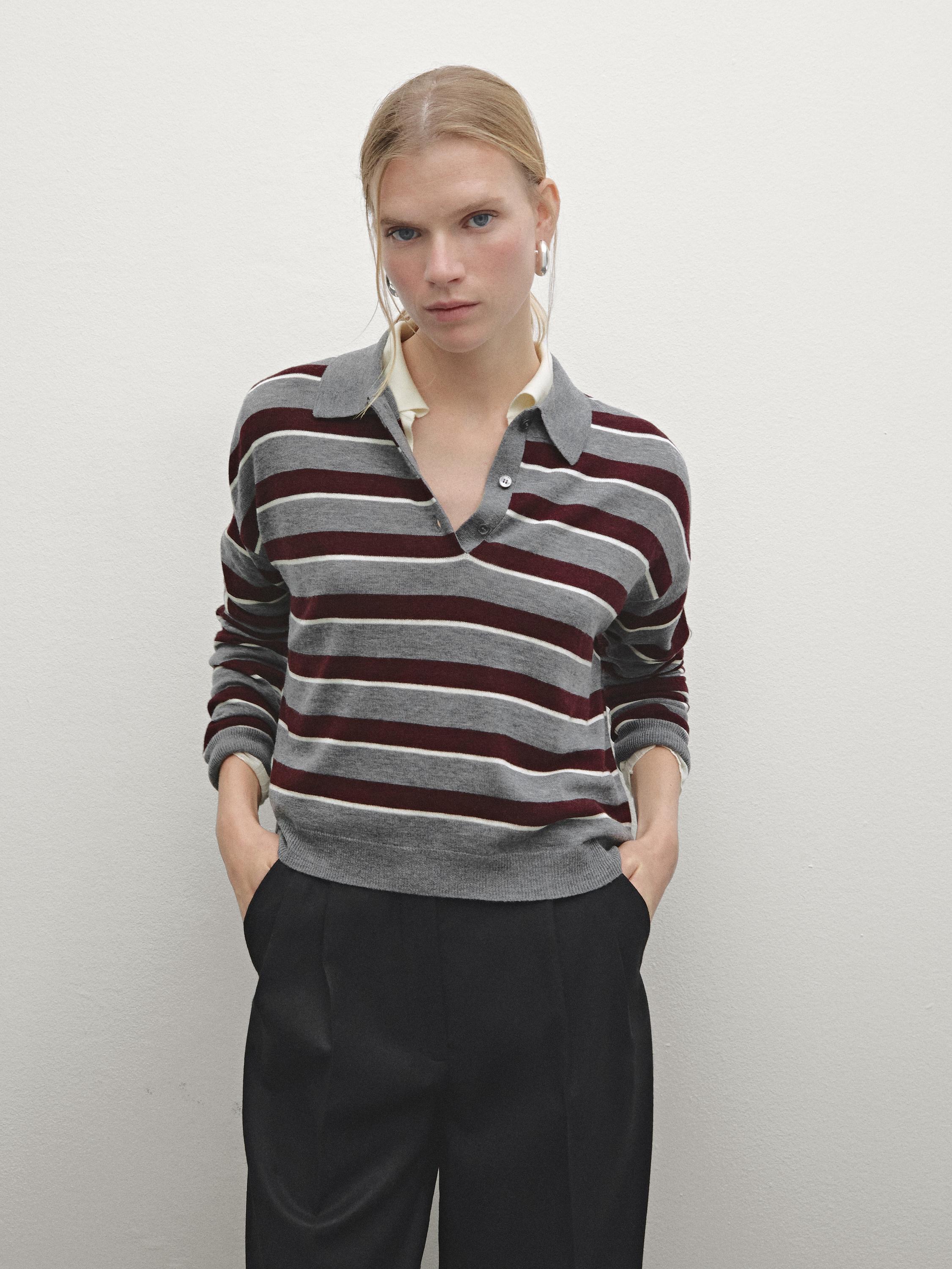 Striped polo neck knitted jumper