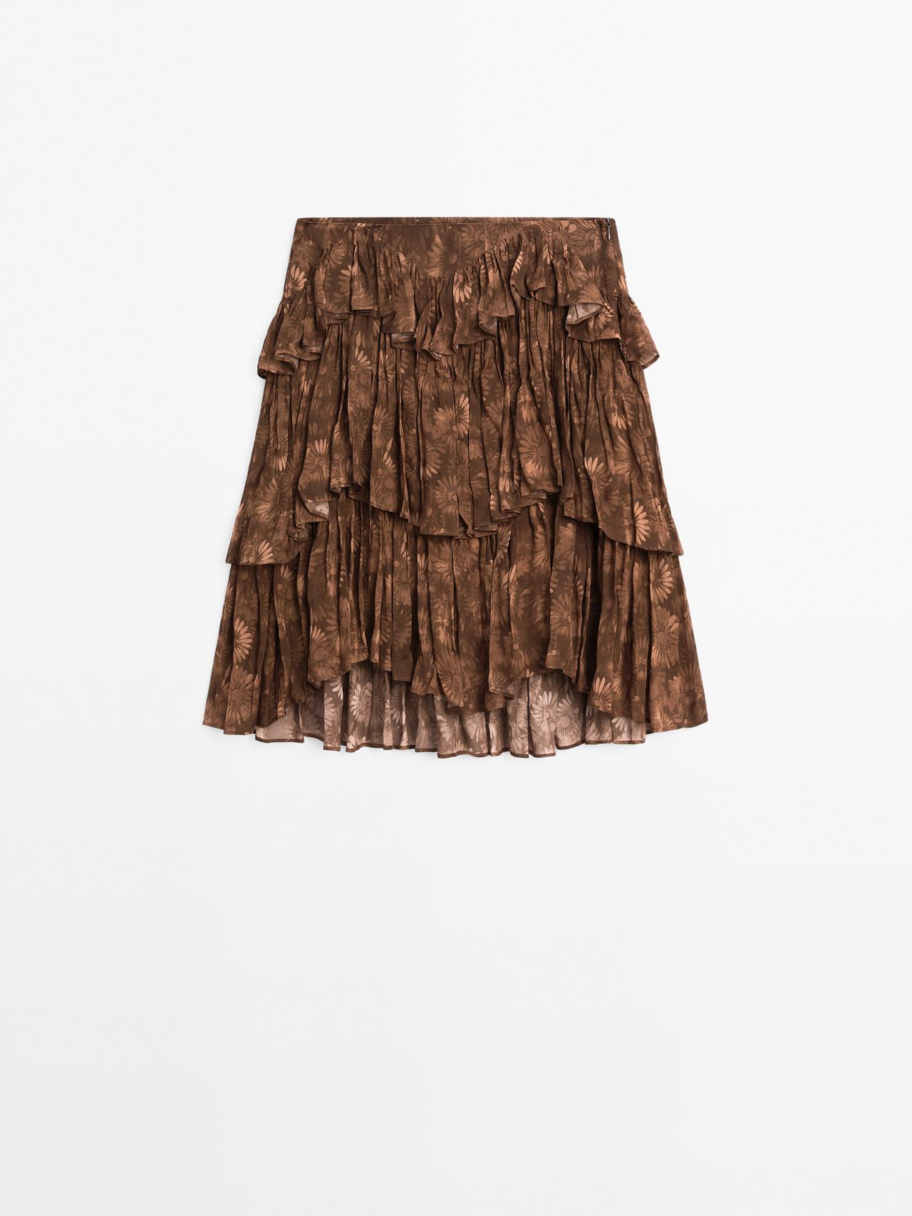 Massimo Dutti - Dame - Blomstret Nederdel Med Flæser - Chokolade - 38