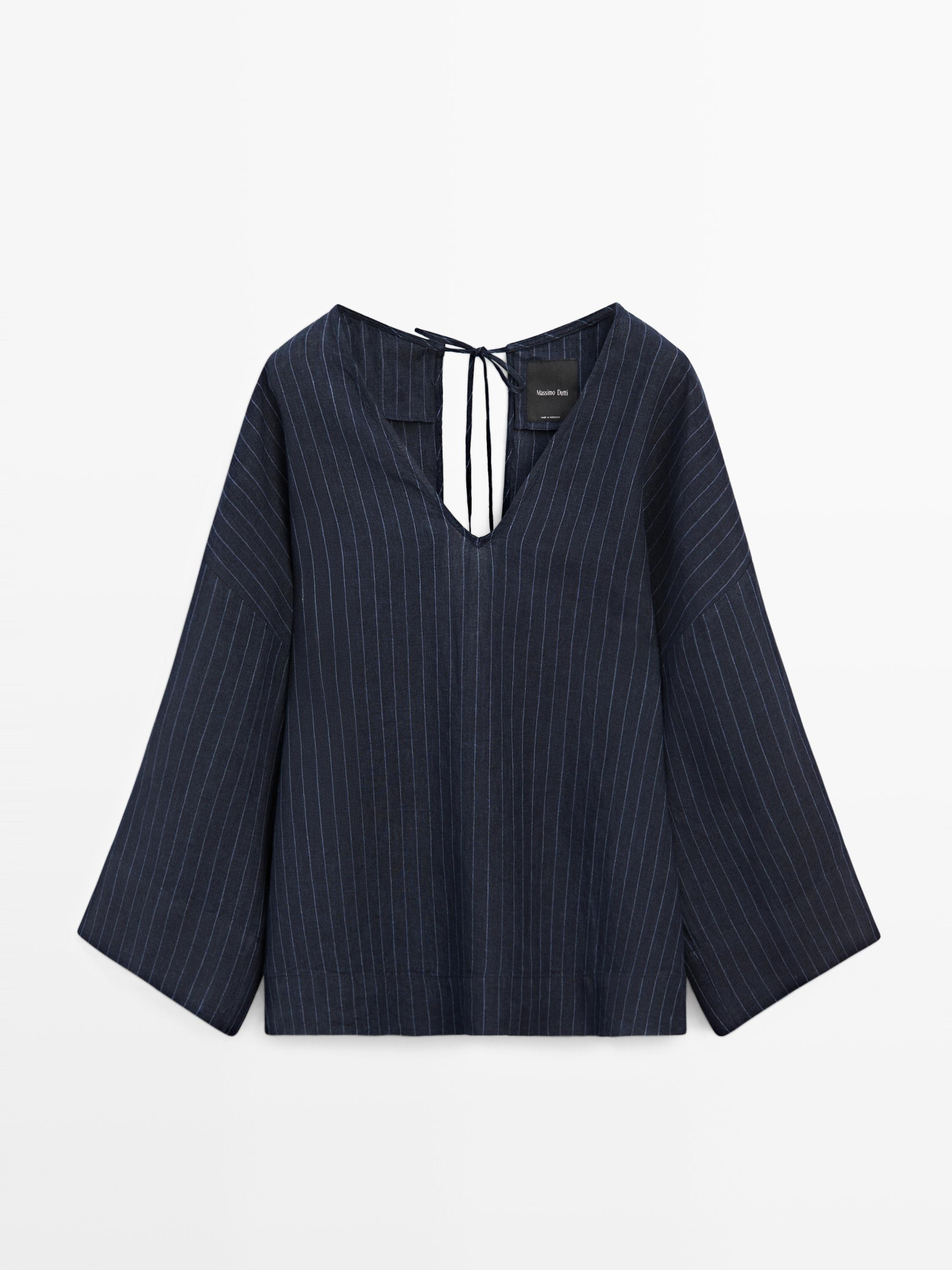 Striped linen blouse with back detail — DARK BLUE
