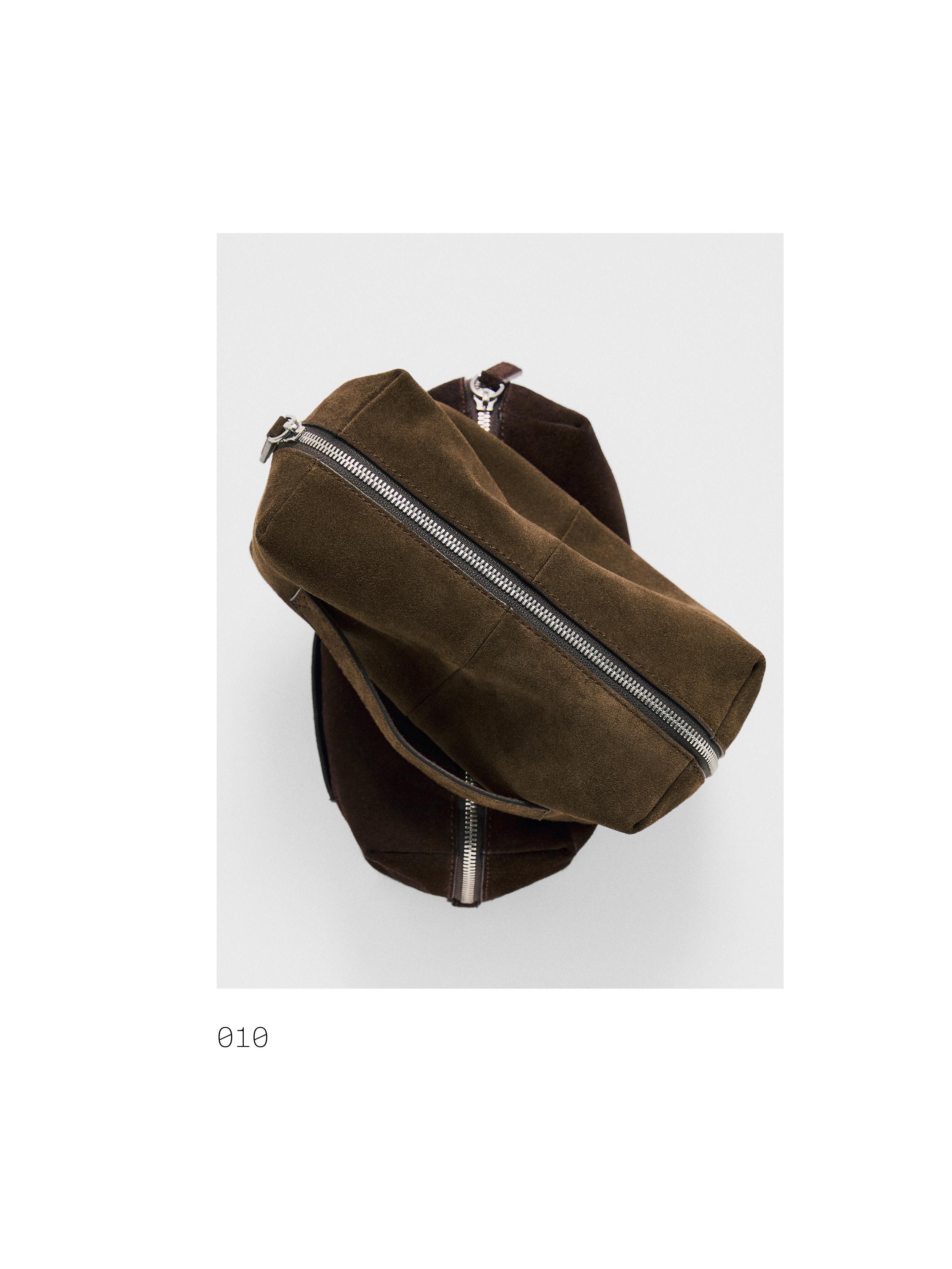 Suede leather toiletry bag with zip — BROWN