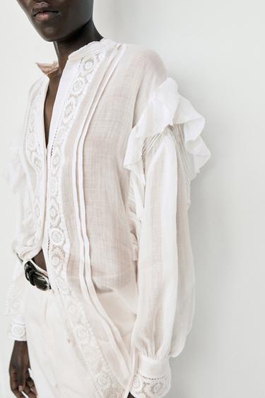 Stand collar blouse with embroidery and ruffles — WHITE 5
