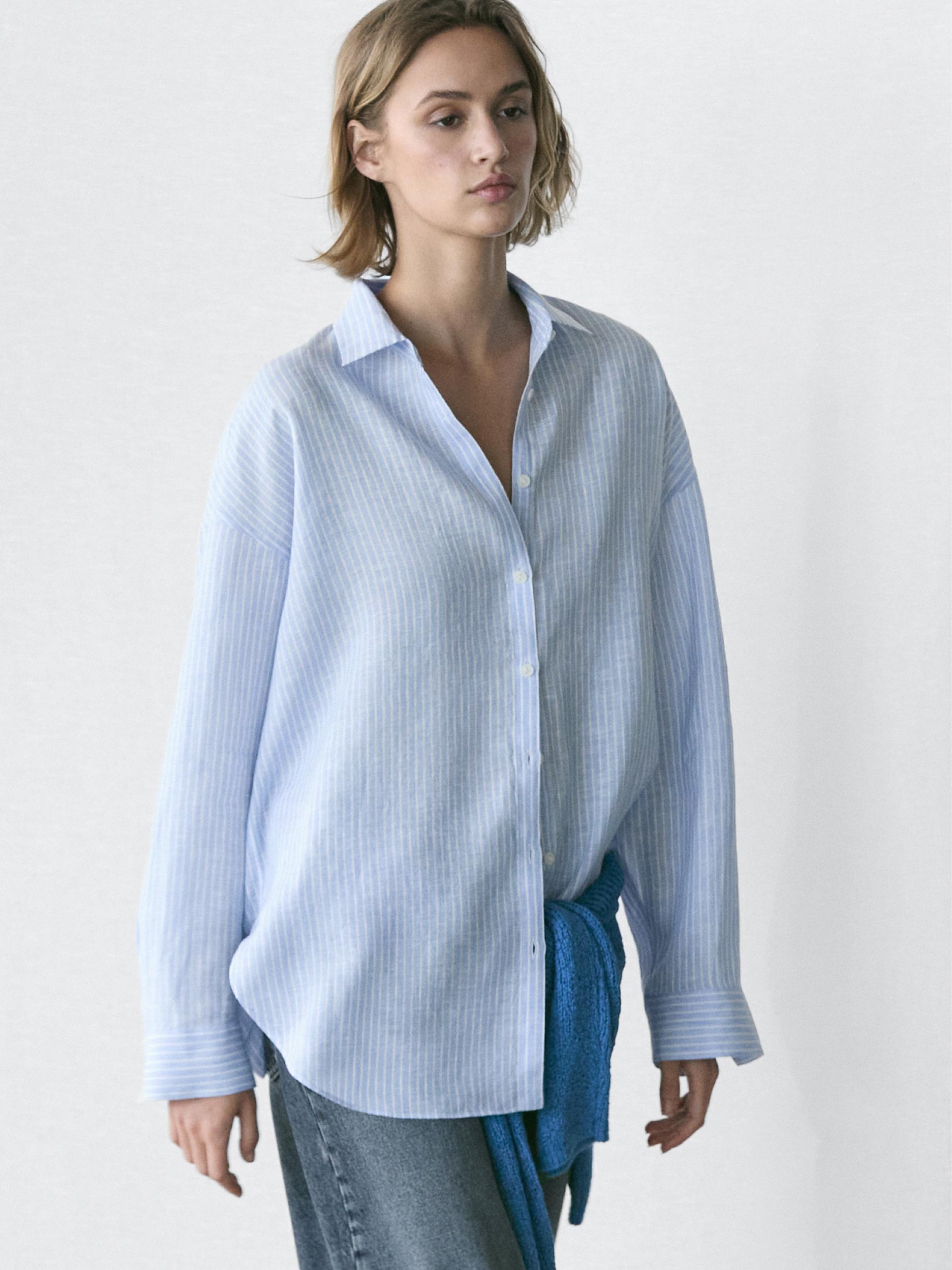 Flowing striped 100% linen shirt — SKY BLUE
