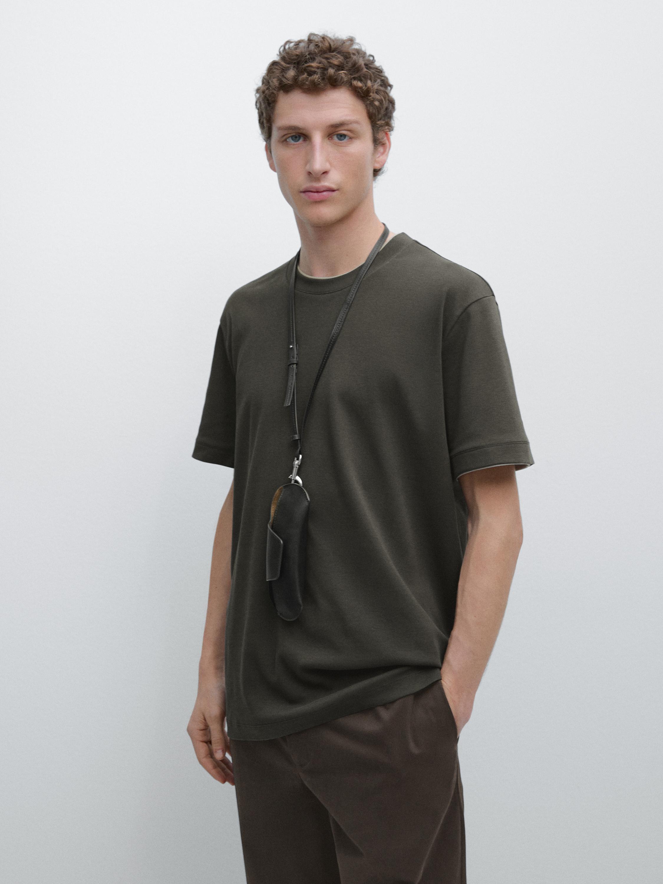 100% cotton T-shirt with contrast neckline — KHAKI