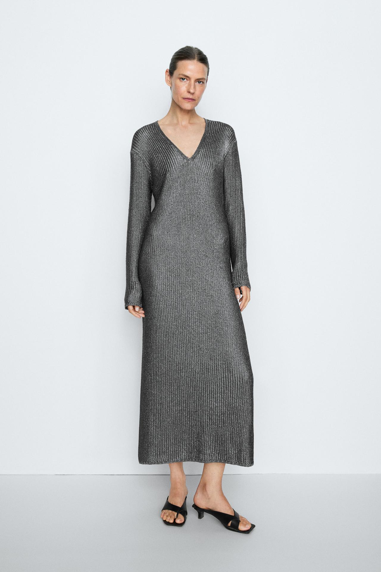 Long metallic knit dress - STUDIO — Silver