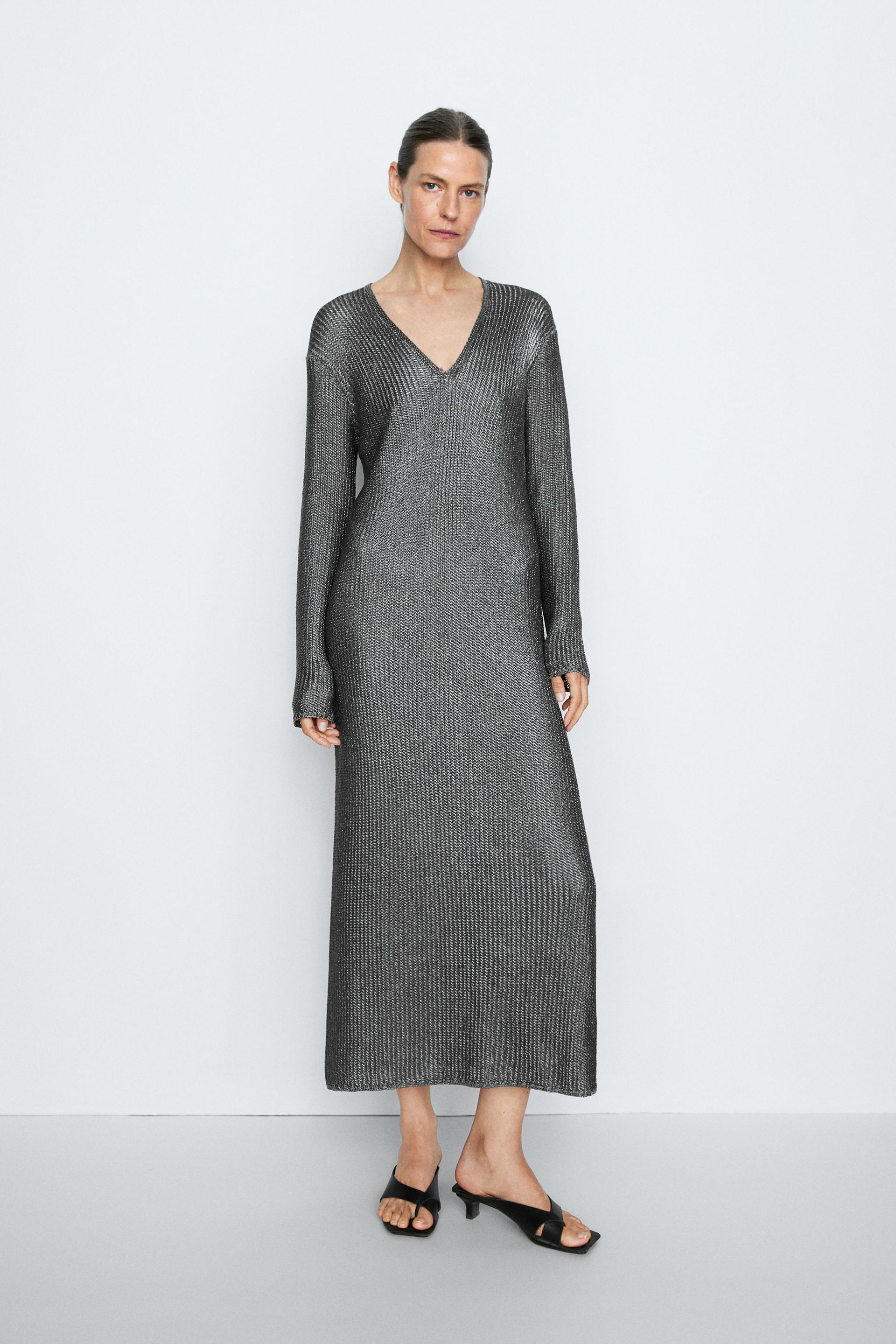 Abito Lungo In Maglia Metallizzata - Studio - Argento - M - Massimo Dutti - Femminile