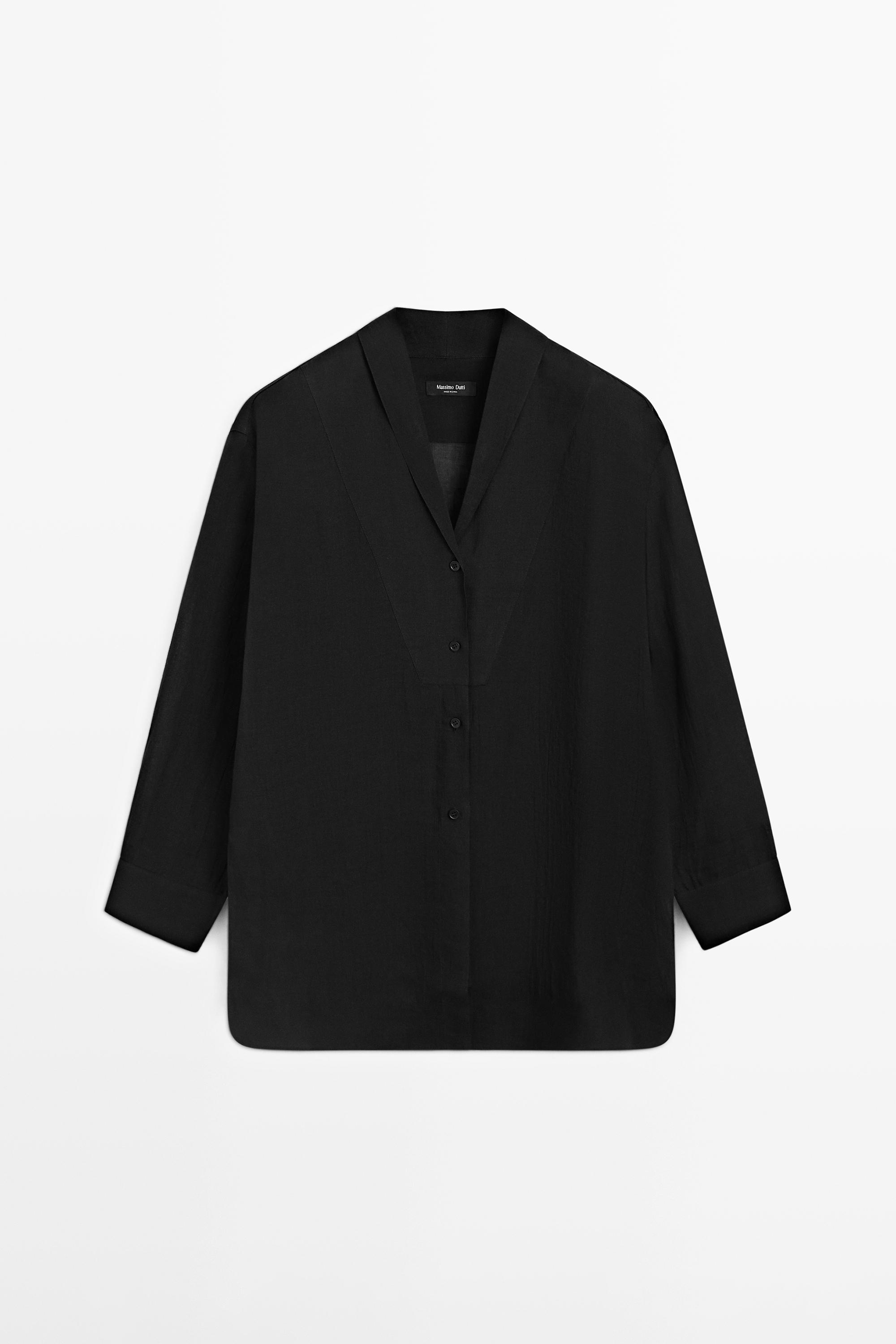 Flowing semi-sheer shirt with chest detail — BLACK