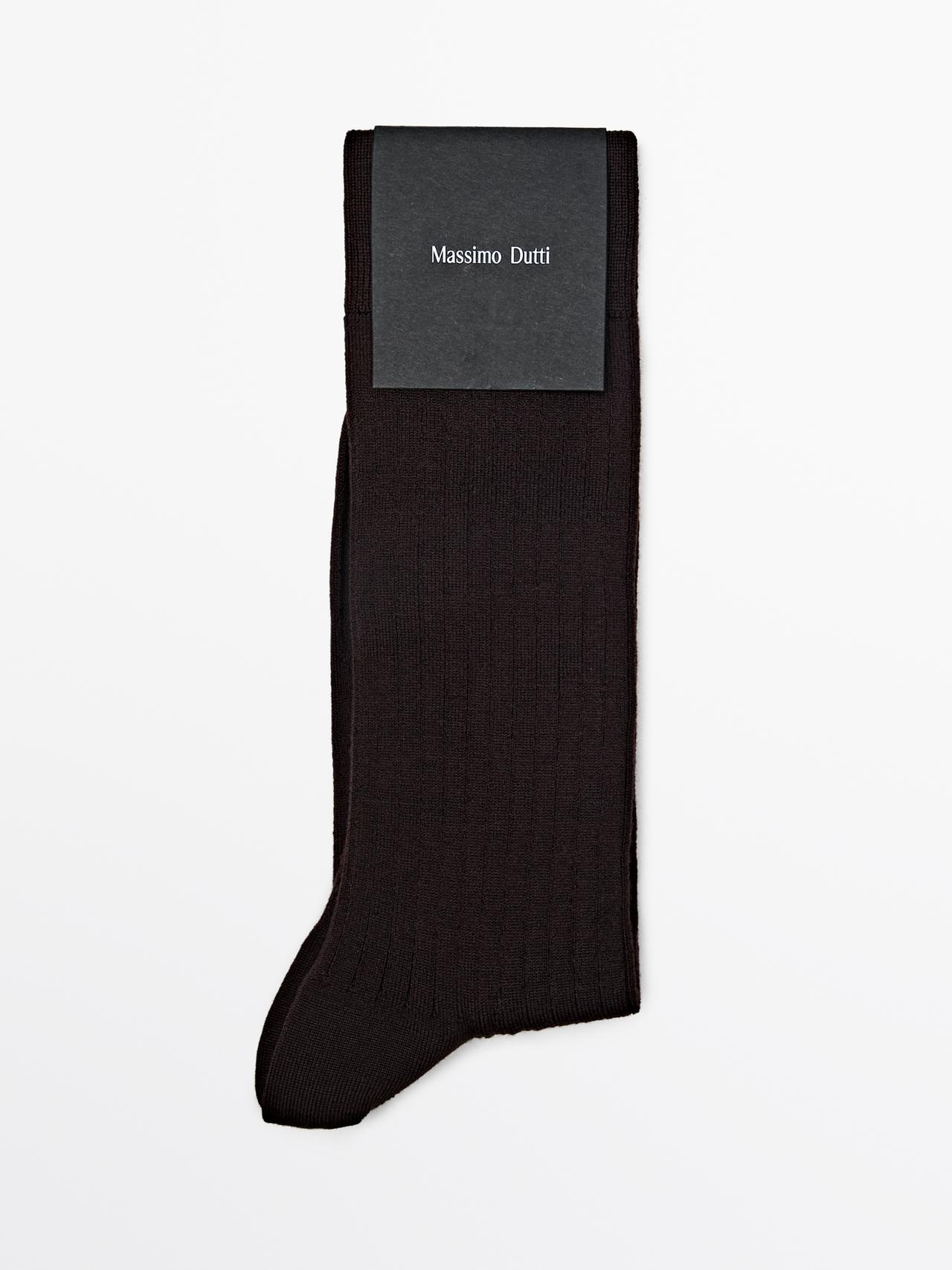 Massimo Dutti - Heren - Geribde Tricot Sokken Van Wolmix - Bruin - 01