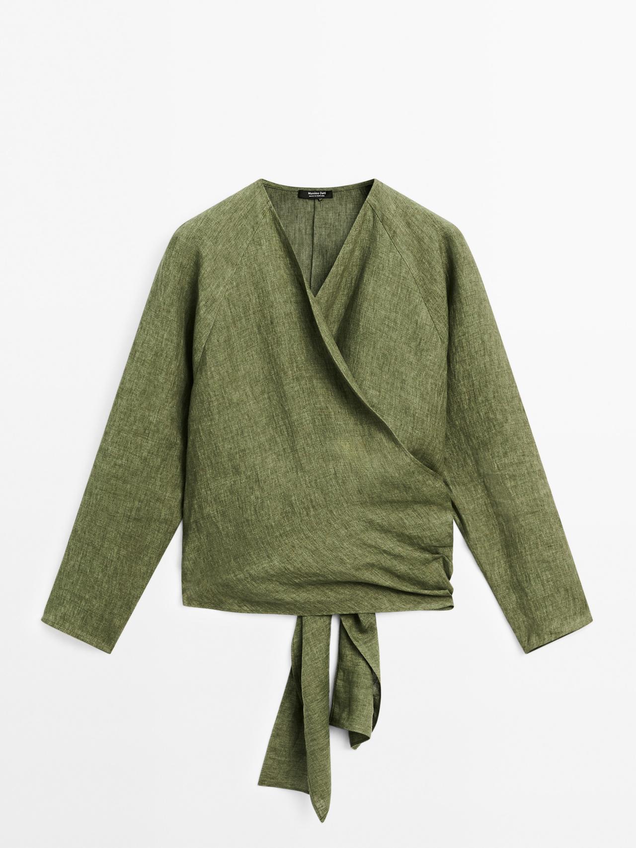 Massimo Dutti - Dame - Løstsiddende Bluse I Hør Med Bindedetalje I Taljen - Grøn - M